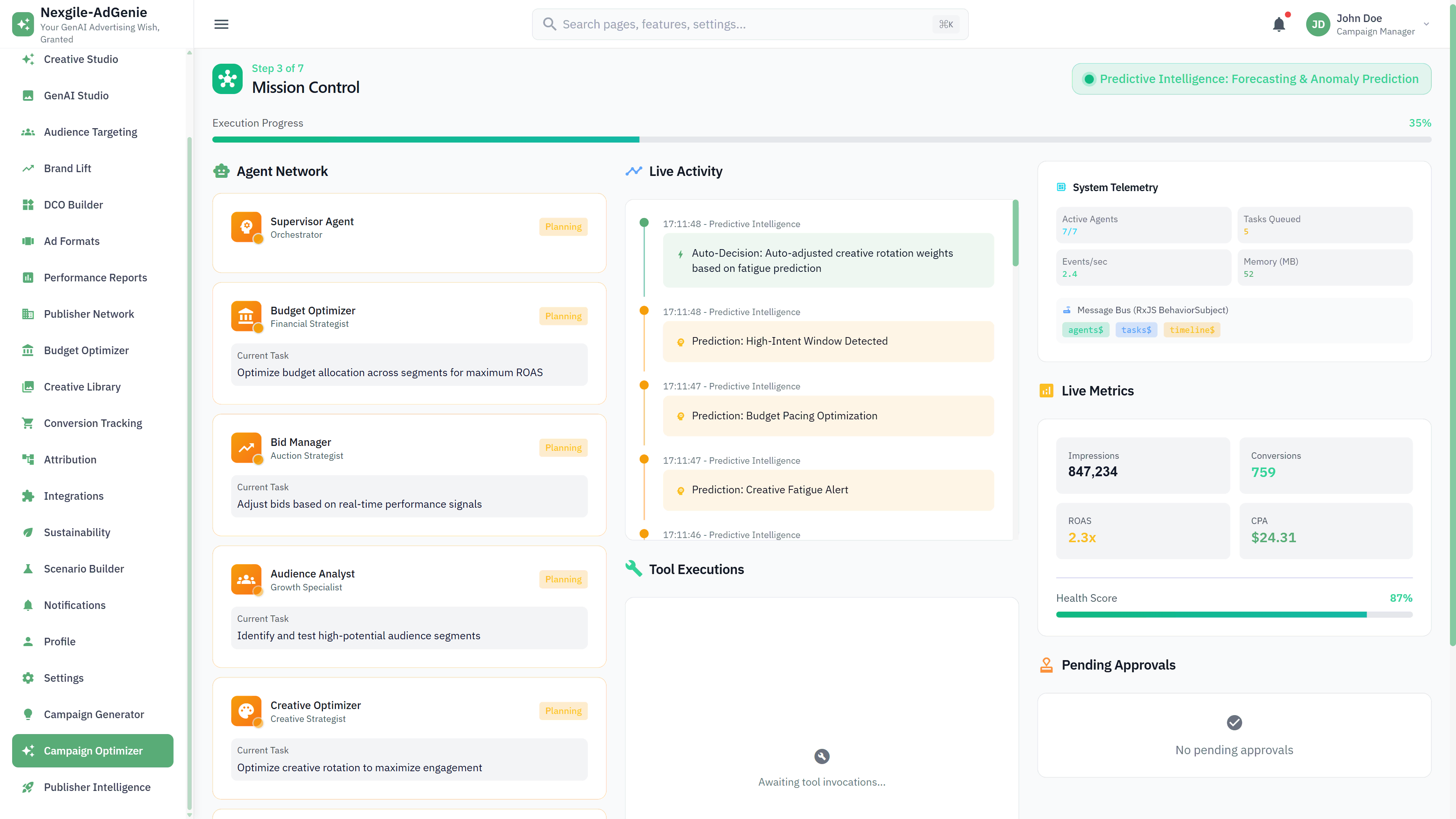 Mission Control Dashboard - Real-time agent orchestration and campaign performance monitoring