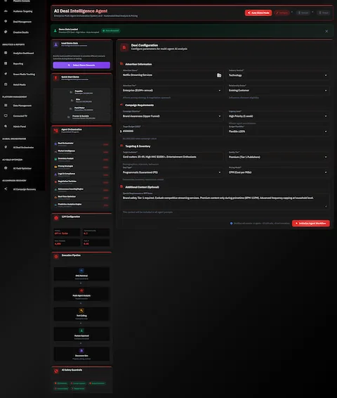 Deal Configuration screen with advertiser input, campaign requirements, agent orchestration, and AI safety guardrails.