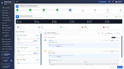 Reasoning Explorer providing transparent view into AI agent decision-making with chain-of-thought reasoning, showing completed reasoning chains for Market Intelligence, Demand Forecaster, and Price Optimizer agents with confidence scores, token usage, and detailed tool call execution traces.