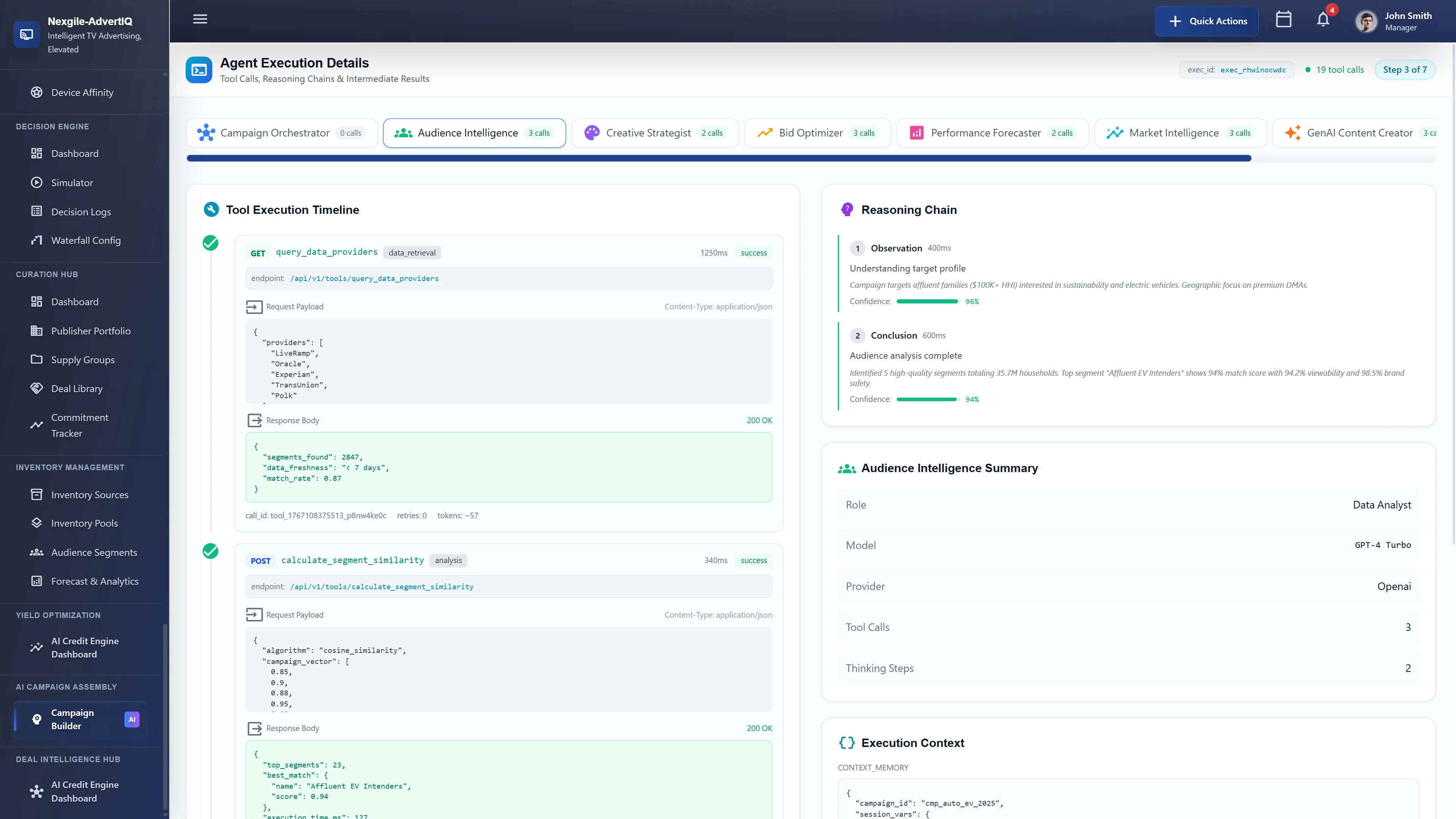Agent Execution Details showing Tool Execution Timeline with API calls to data providers (LiveRamp, Oracle, Experian, TransUnion, Polk), segment similarity calculations using cosine similarity algorithm, Reasoning Chain with observation and conclusion steps, and Audience Intelligence agent summary with confidence scores.