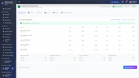 Generated Campaign Output displaying AI-assembled audience segments (Affluent EV Intenders, Sustainable Home Owners, Luxury Auto Shoppers, Tech Early Adopters, Green Lifestyle) with match rates, CTR, VCR, ROAS projections, budget allocation percentages, and quality metrics including viewability and brand safety scores.