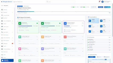 AI Agent Orchestration showing 11 specialized agents collaborating in real-time with live processing metrics