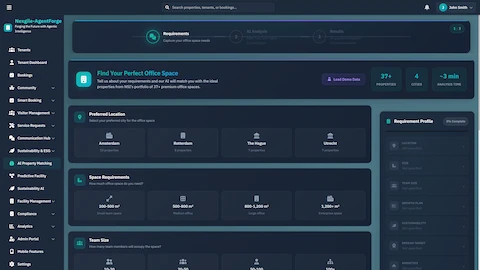 Requirements Collection - AI-powered property search interface where tenants specify location preferences, space requirements, and team size through guided selections.
