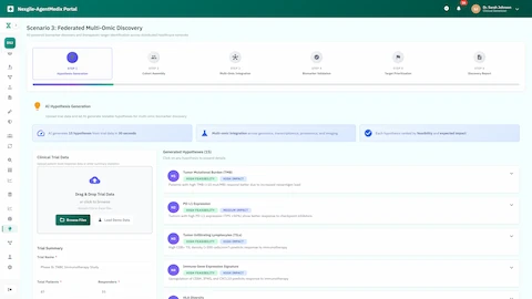 AI hypothesis generation interface displaying 15 ranked hypotheses for multi-omic biomarker discovery with feasibility and impact scores