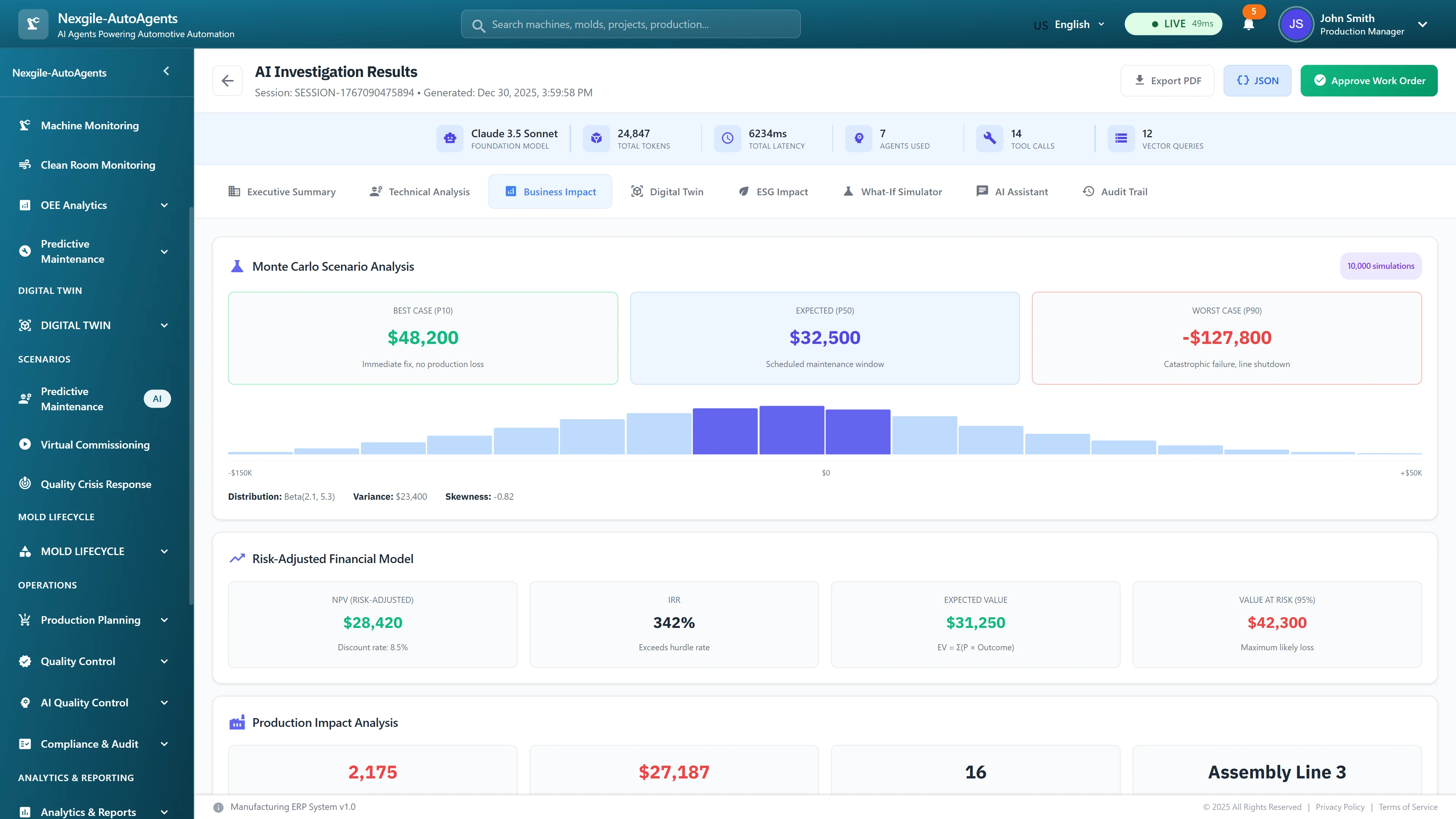Business impact analysis featuring Monte Carlo simulation with best/expected/worst case scenarios, risk-adjusted financial models showing NPV and IRR, and production impact assessment for maintenance decision-making