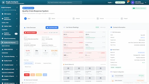 Crisis response input screen displaying critical quality event details (8.4% defect rate spike, 28x baseline), live sensor telemetry with anomaly indicators, recent defect imagery, shift/batch context, and 8-agent configuration for rapid investigation