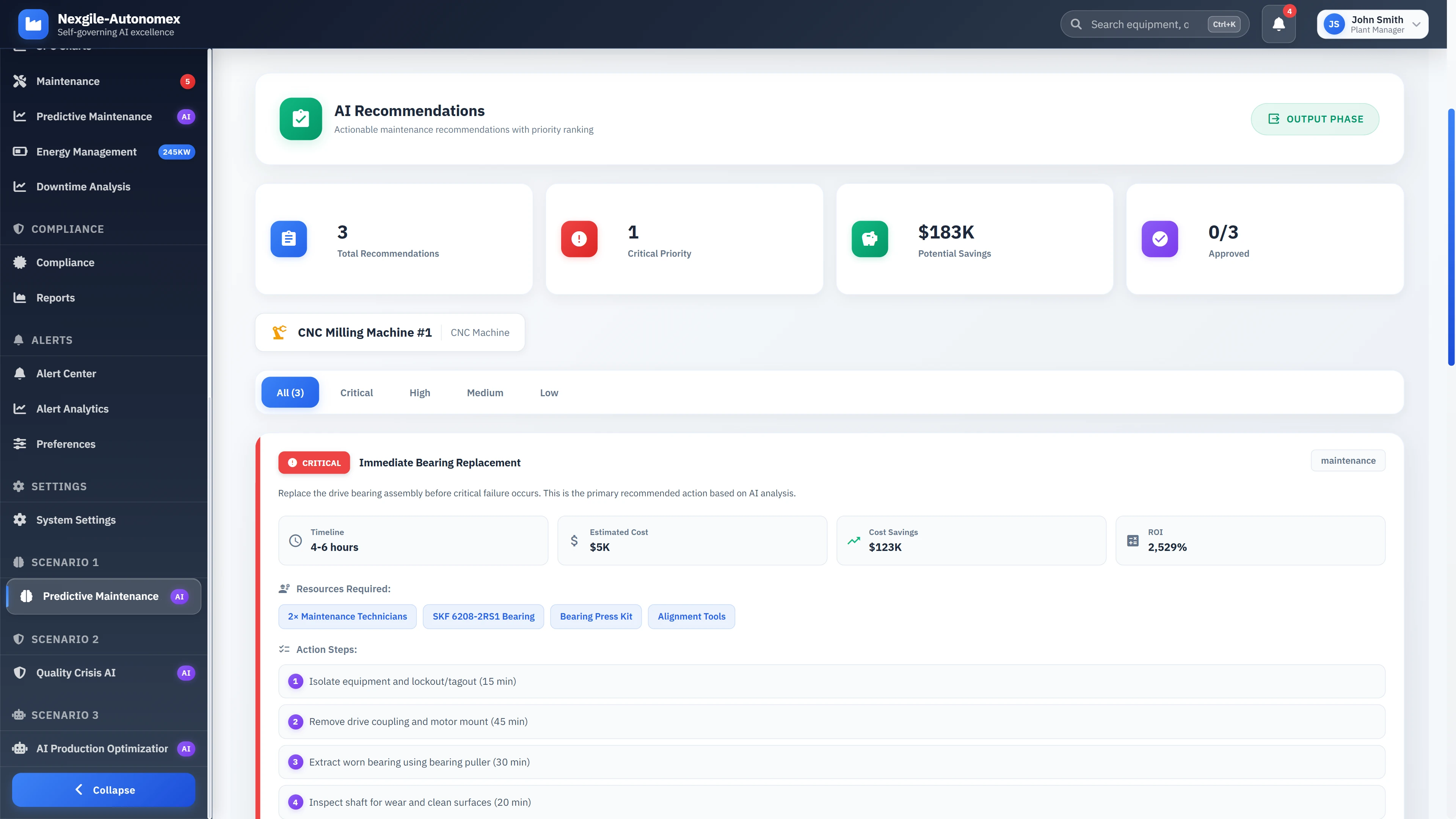 AI-generated maintenance recommendations with detailed cost-benefit analysis and step-by-step action plans