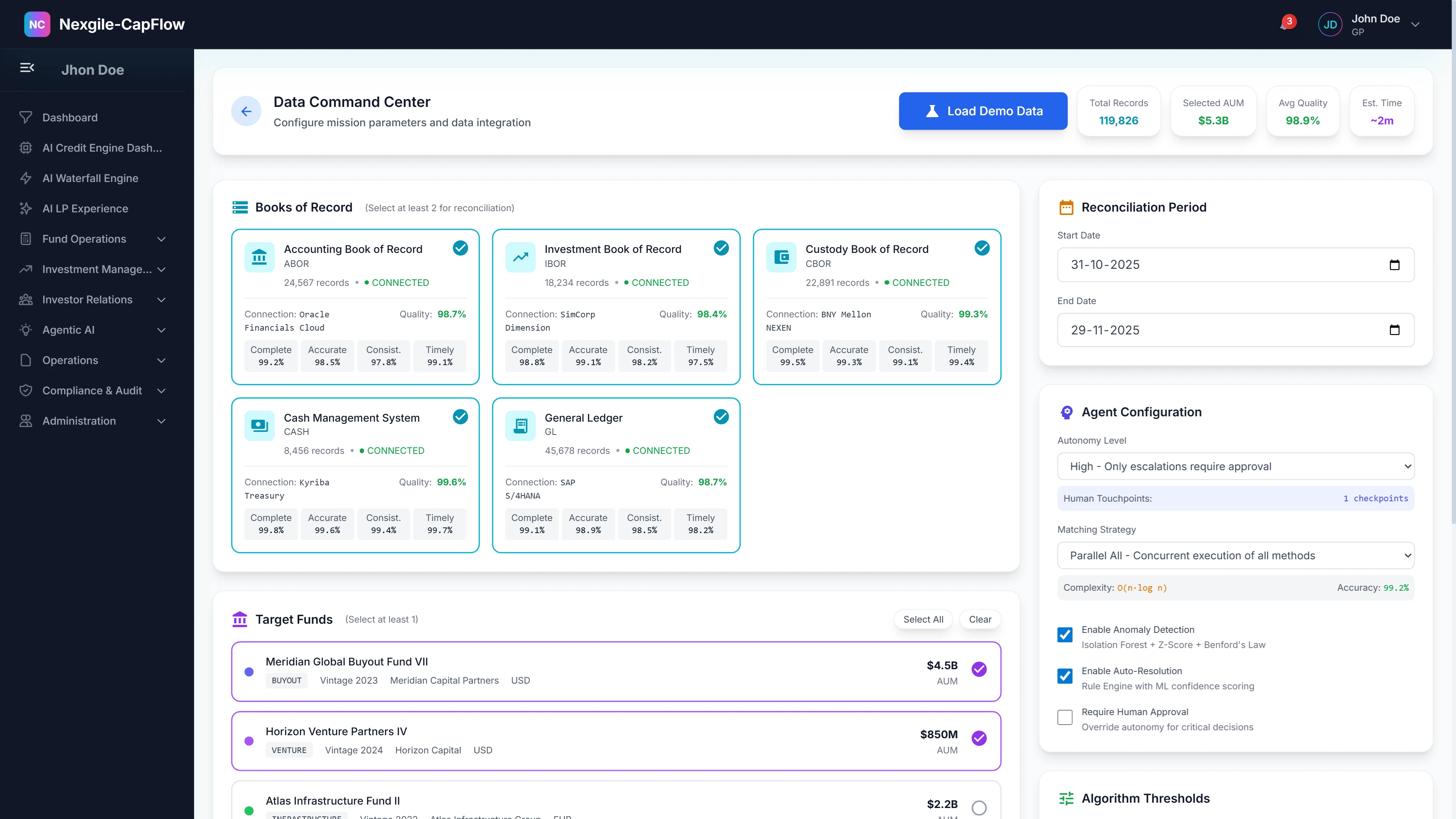 Data Command Center - Multi-agent orchestration dashboard displaying Books of Record management, reconciliation periods, target funds, and agent configuration with real-time reconciliation status and algorithm thresholds