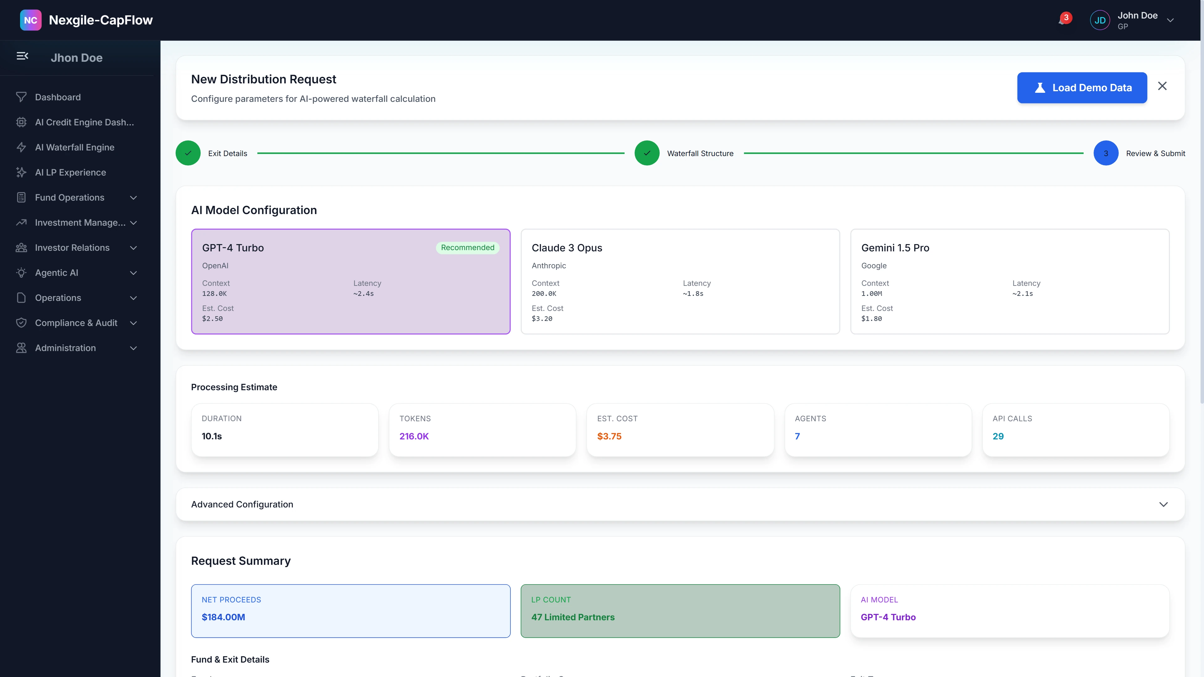 New Distribution Request - Multi-step workflow wizard for configuring AI-powered waterfall calculation parameters including exit details, waterfall structure, AI model configuration (GPT-4 Turbo, Claude 3 Opus, Gemini 1.5 Pro), processing estimates with duration, tokens, cost, and agent counts for 47 Limited Partners