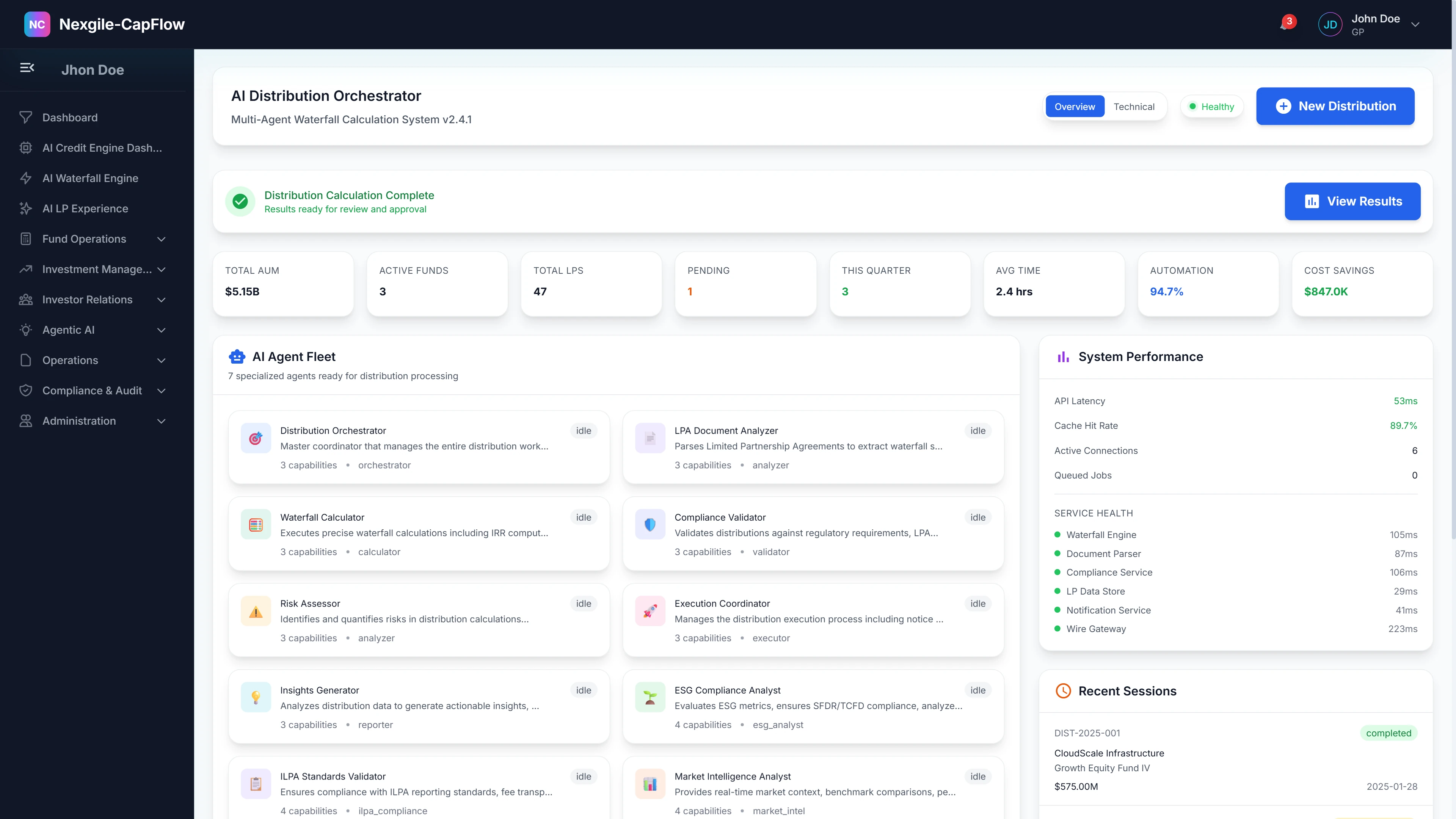 AI Distribution Orchestrator - Complete distribution workflow monitoring displaying tier allocations ($184M net proceeds across 47 LPs), AI agent fleet coordination, system performance metrics (P50/P95/P99 latencies, cache hit rate), recent sessions with execution times, and export capabilities for stakeholder reporting