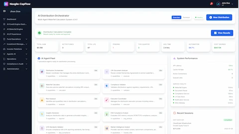 AI Distribution Orchestrator - Complete distribution workflow monitoring displaying tier allocations ($184M net proceeds across 47 LPs), AI agent fleet coordination, system performance metrics (P50/P95/P99 latencies, cache hit rate), recent sessions with execution times, and export capabilities for stakeholder reporting