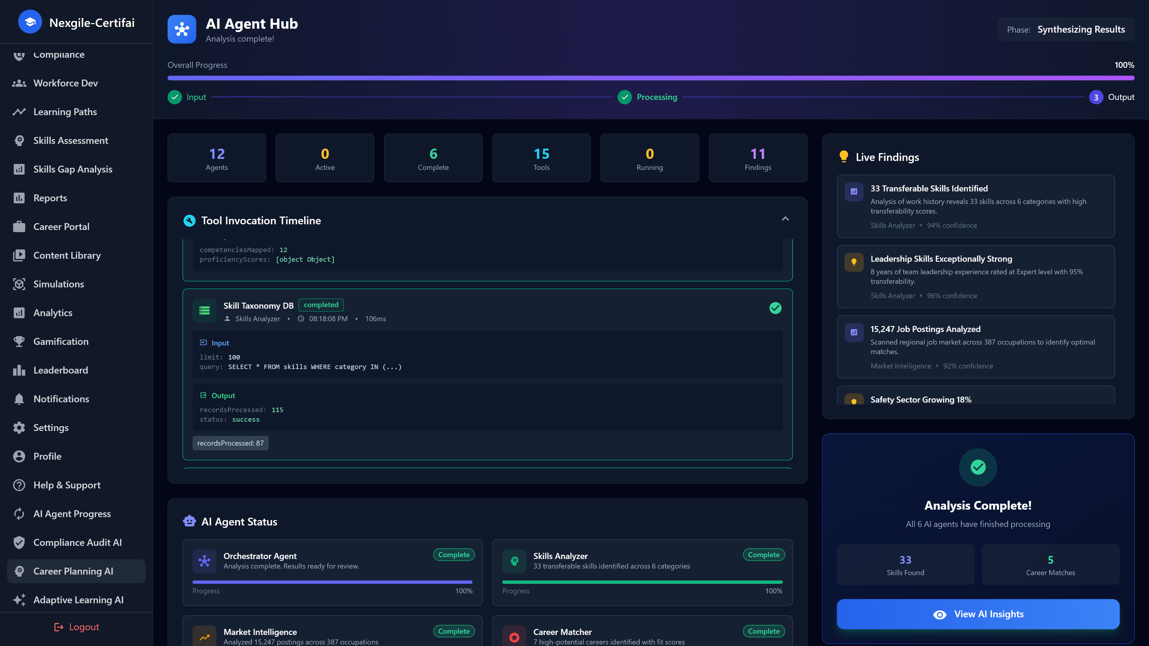 Analysis Complete - 33 skills found and 5 career matches identified