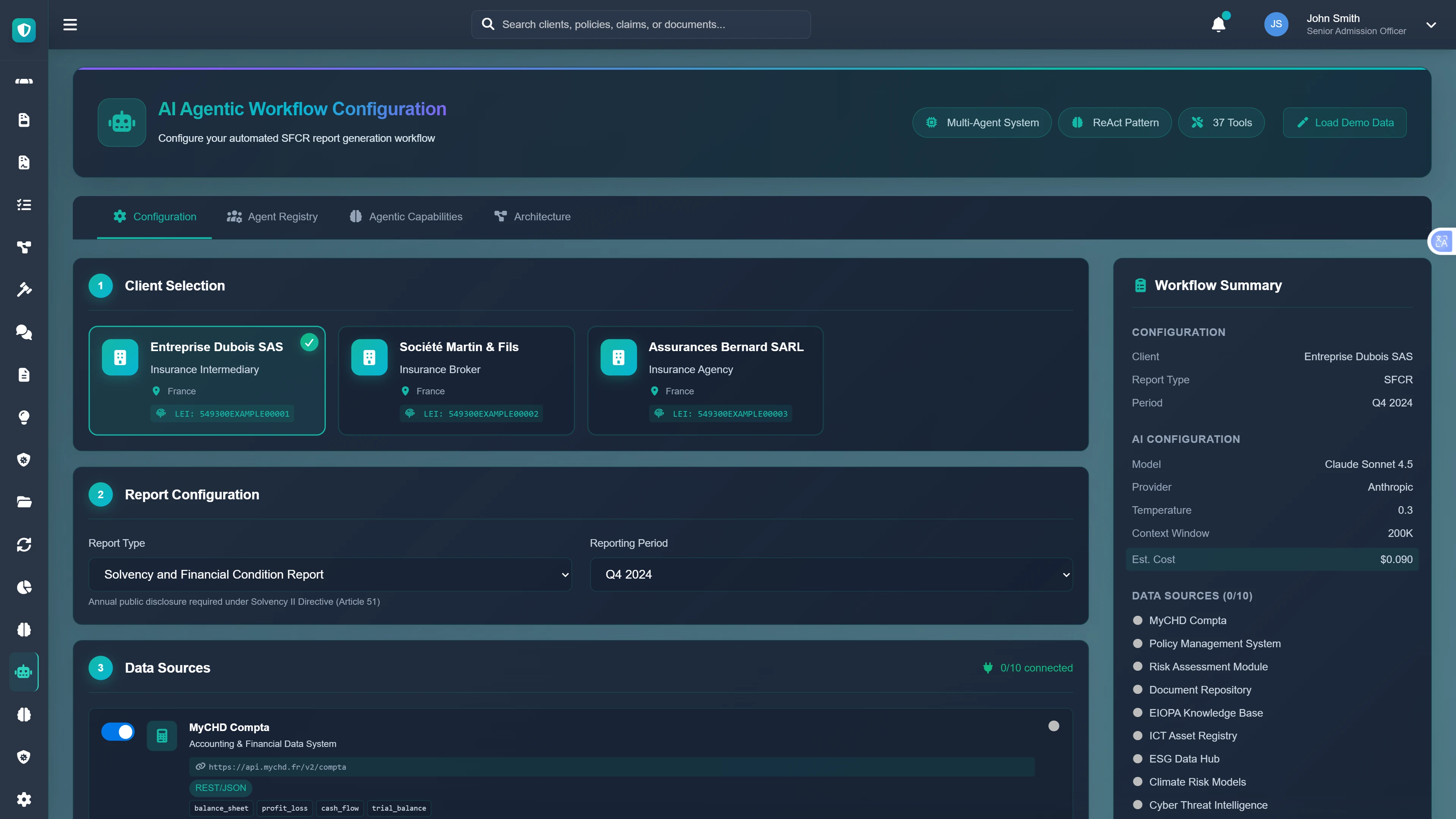 SFCR Workflow Configuration - Client selection, report type setup, and data source connections for automated report generation