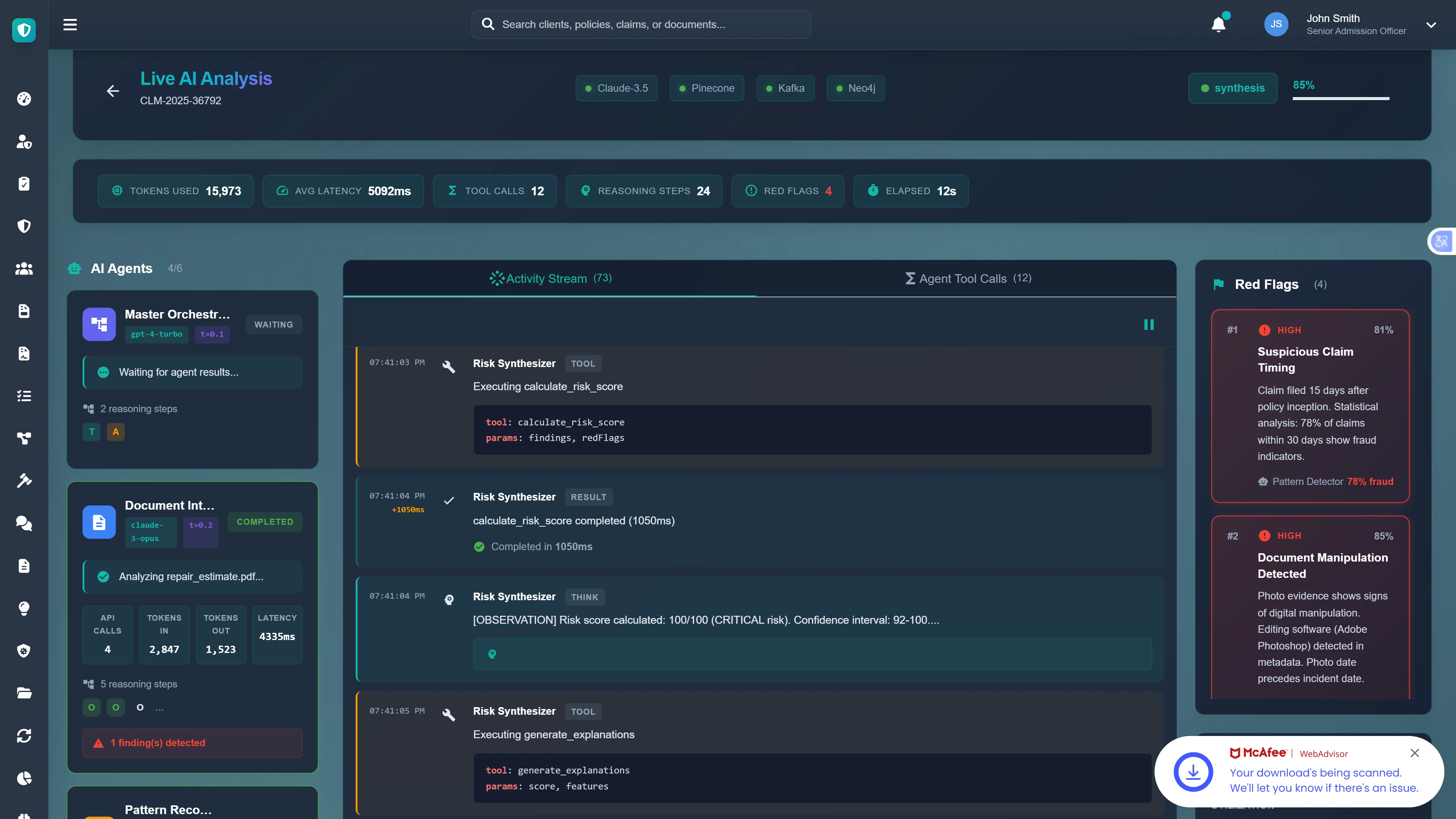 Live Fraud Analysis - Real-time agent execution showing document analysis, pattern detection, and red flag identification with reasoning steps