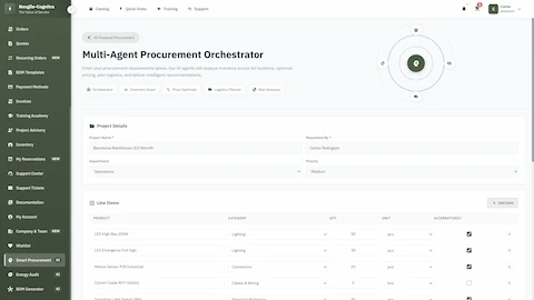 Multi-Agent Procurement Orchestrator input form for analyzing requirements across 60+ warehouse locations