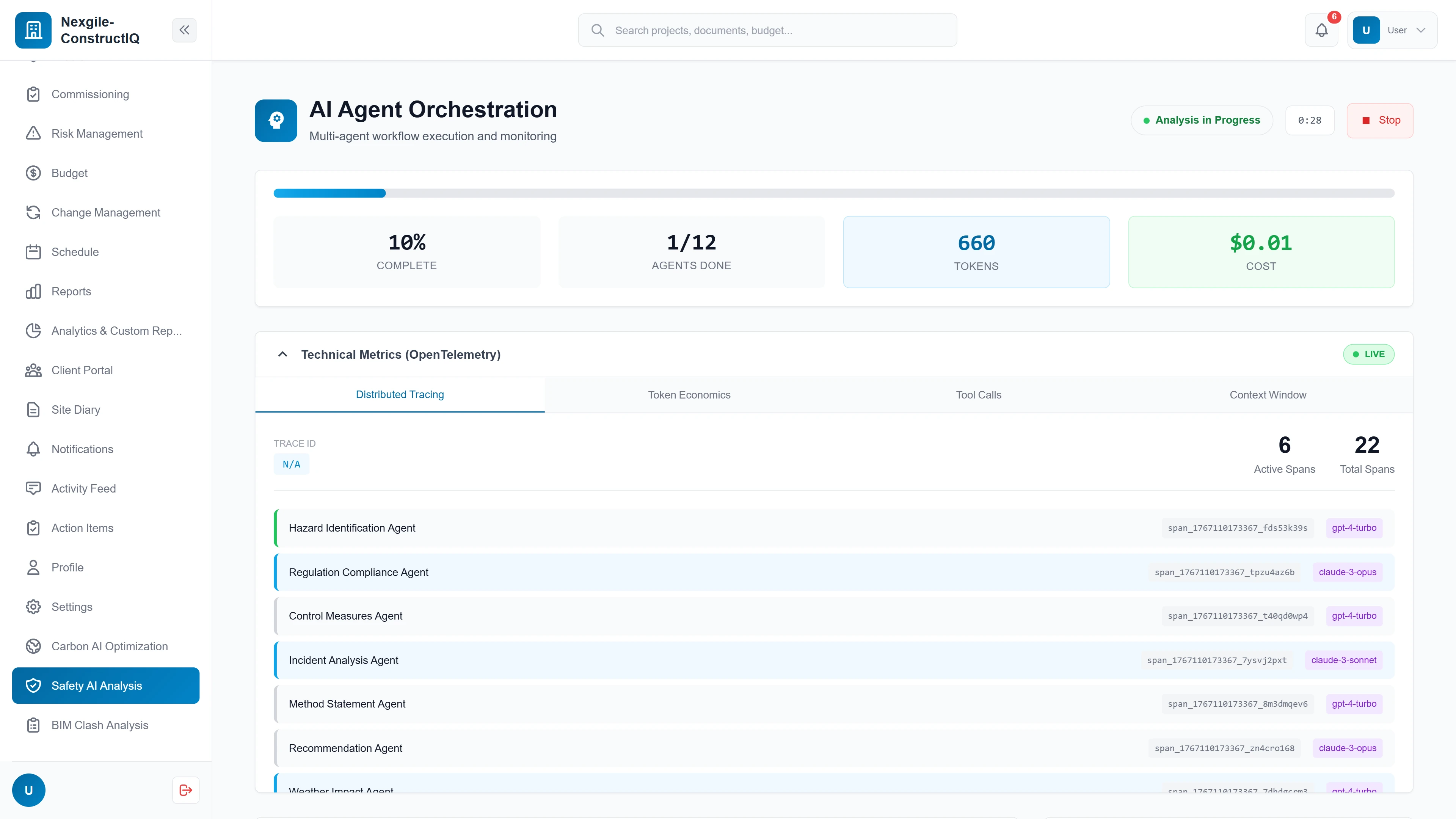 Multi-agent orchestration with OpenTelemetry distributed tracing showing specialized safety agents with span IDs and LLM model assignments.