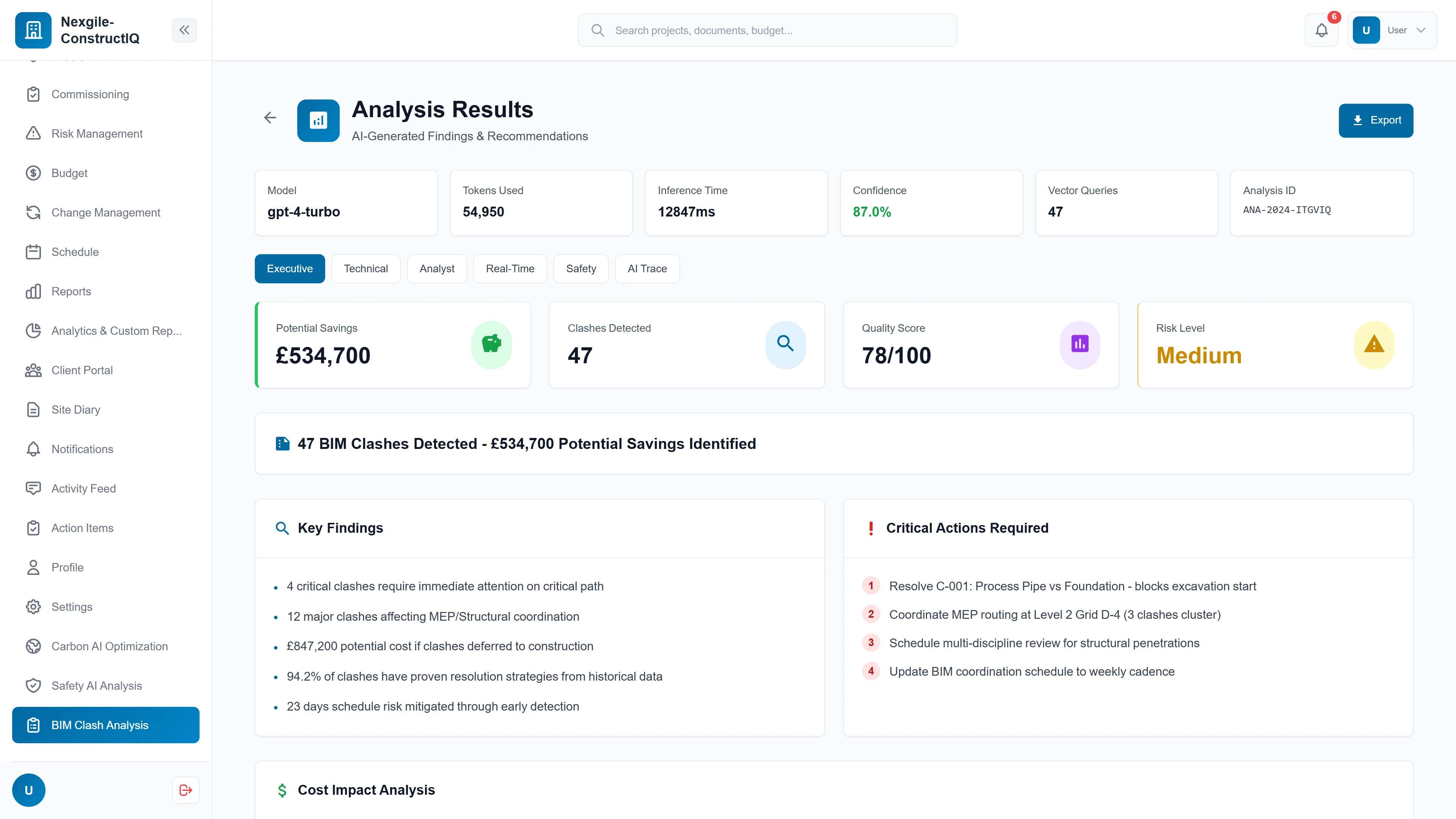 Executive analysis results showing 47 clashes detected, £534,700 potential savings, quality score, key findings, and critical actions required.