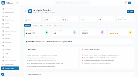 Executive analysis results showing 47 clashes detected, £534,700 potential savings, quality score, key findings, and critical actions required.
