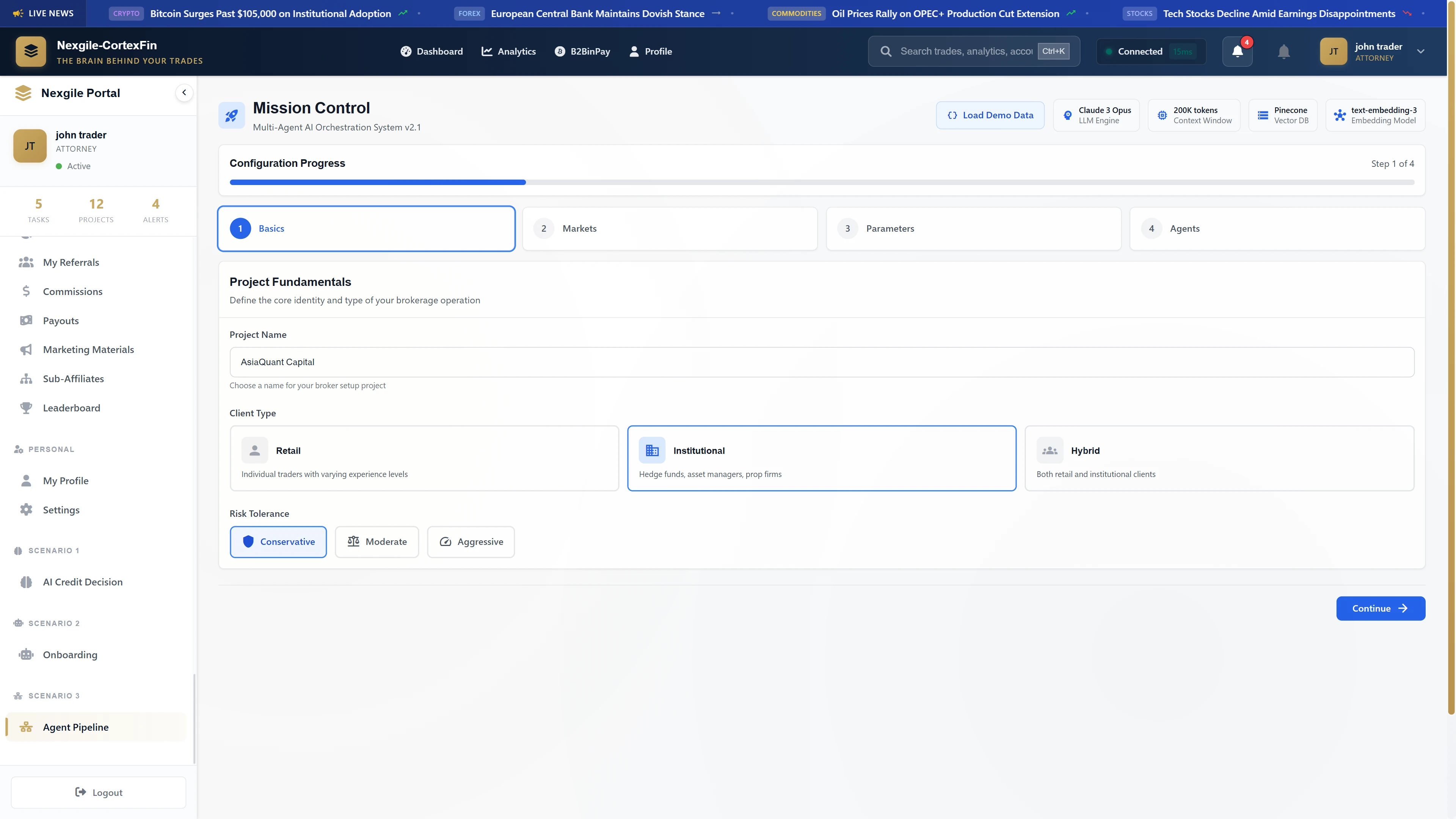 Mission Control Configuration - Project setup wizard displaying basics configuration step with project fundamentals (AsiaQuant Capital, Institutional client type, Conservative risk tolerance)