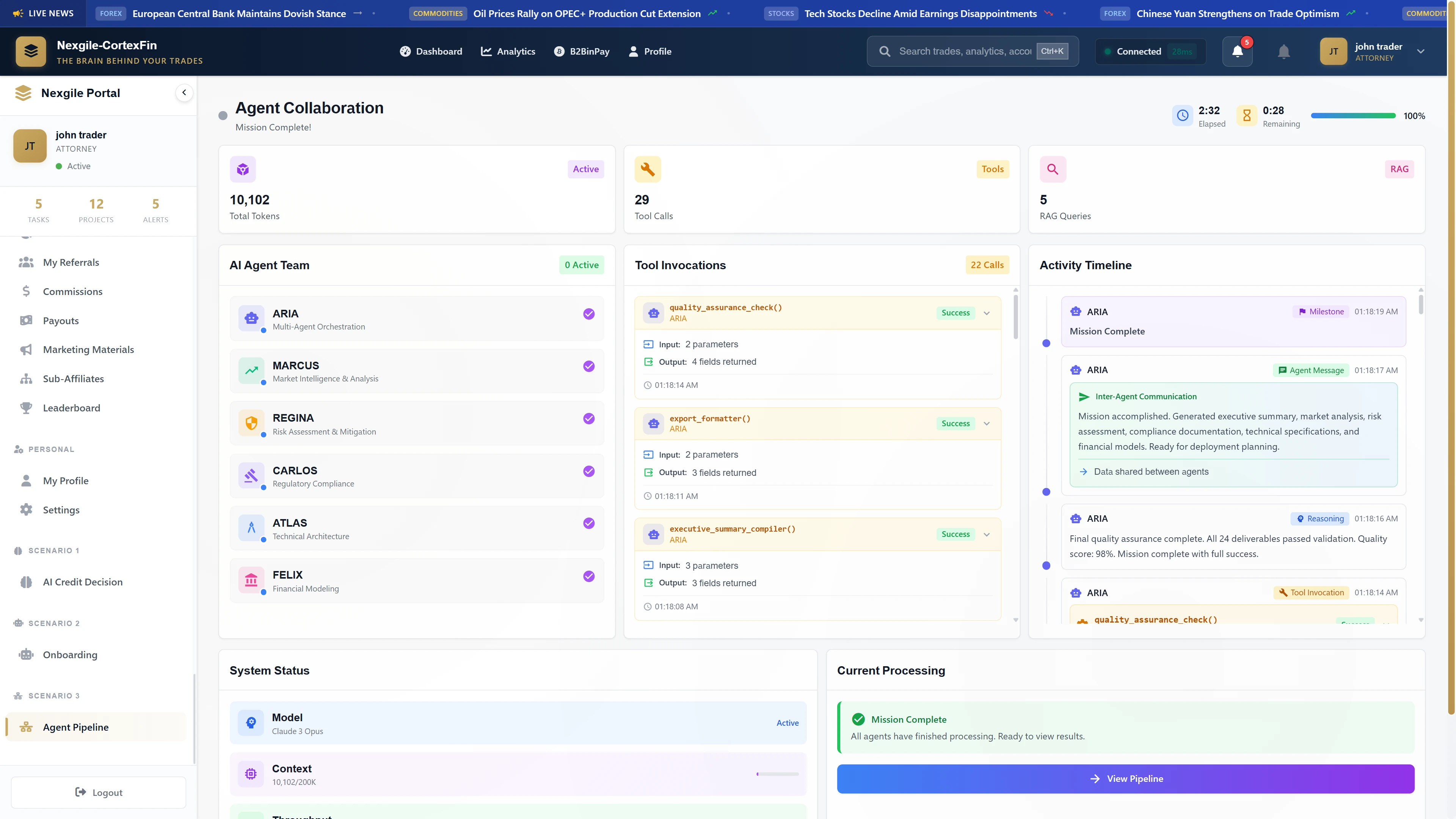Agent Collaboration Complete - Mission completion view showing all six agents finished (purple checkmarks), comprehensive statistics (10,102 tokens, 29 tool calls, 5 RAG queries), and final quality assurance confirmation