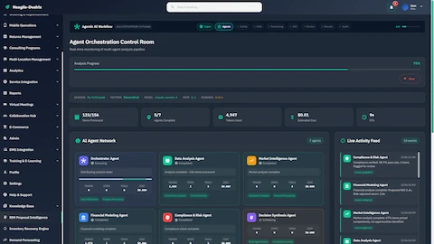 Agent Orchestration Control Room displaying real-time multi-agent monitoring, progress tracking across 7 specialized agents, and live activity feed.