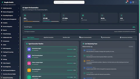 AI Agent Orchestration showing live pipeline progress at 58%, agent execution status, system resource metrics, and real-time reasoning trace with EOQ calculations.