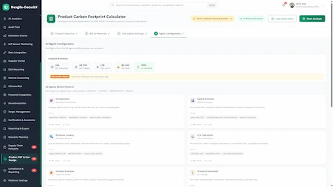 Product Carbon Footprint Calculator - AI agent configuration interface showing analysis estimate, agent workflow setup, and specialized agents for BOM processing.