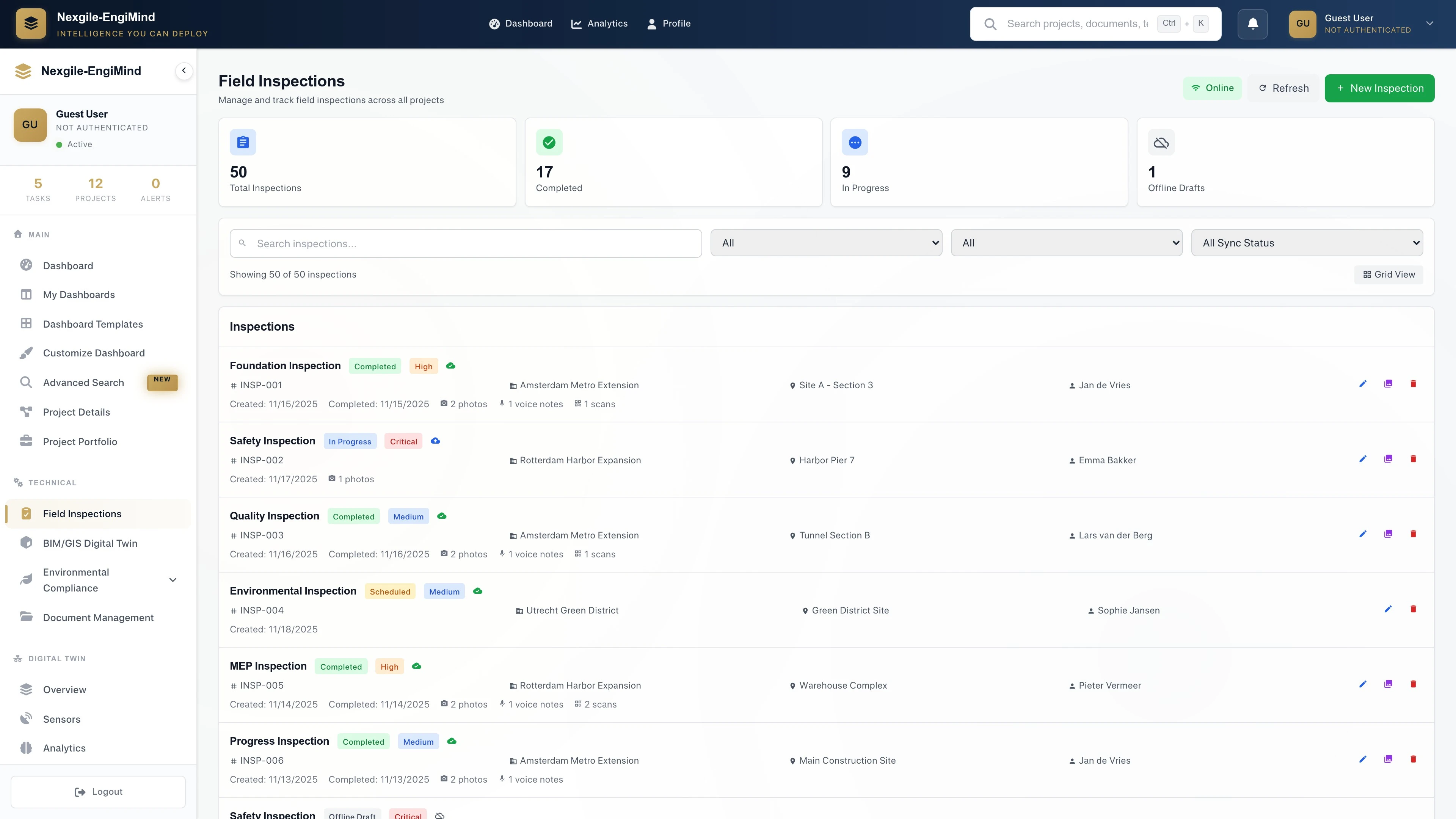 Field Inspection List - Multi-disciplinary project tracking dashboard