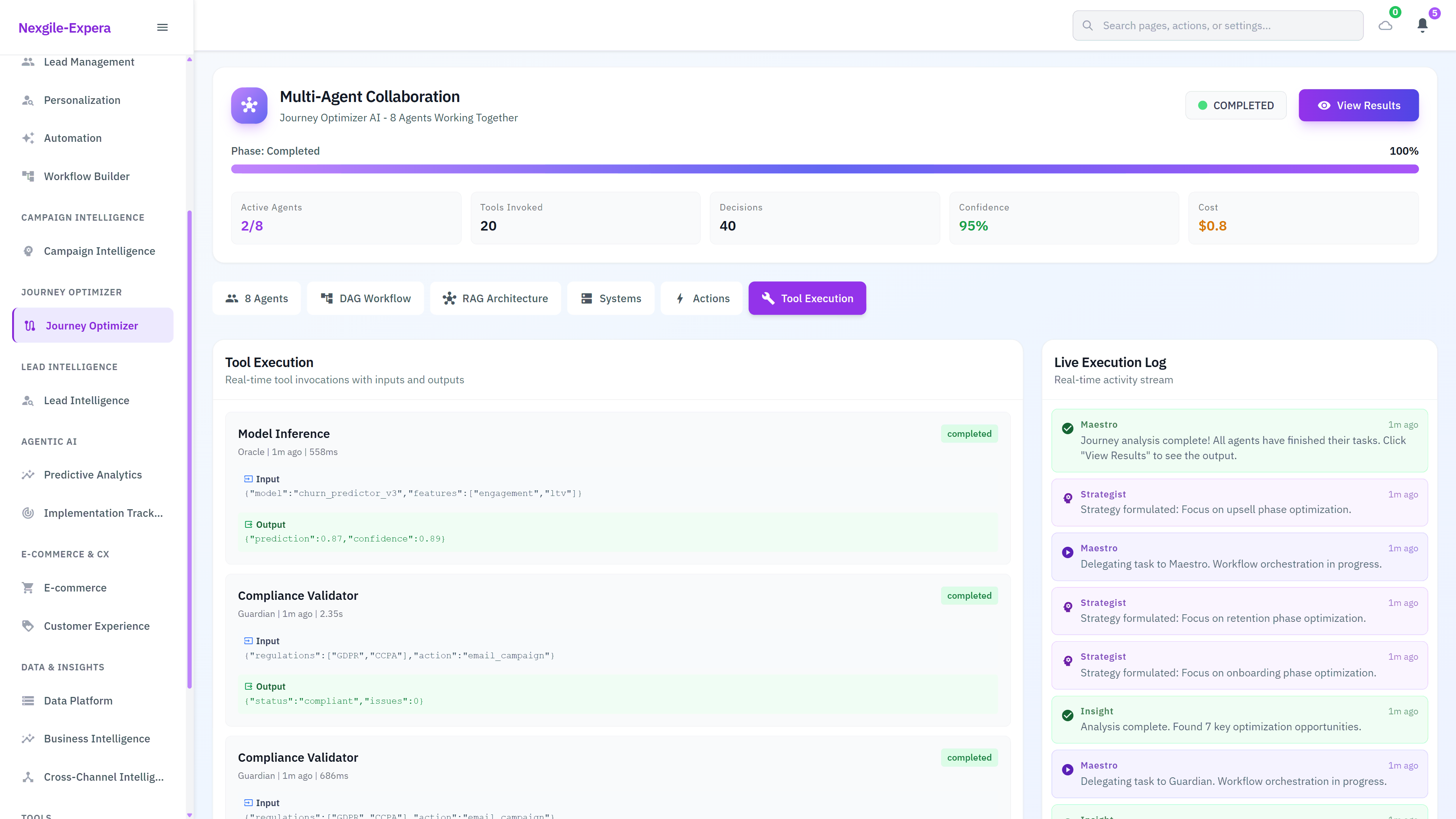 Tool Execution Log - Completed Model Inference and Compliance Validator tasks displaying detailed input/output parameters and execution history