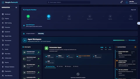 AI Agentic Workflow - Agent Workspace - Real-time monitoring of multi-agent collaboration at step 2 of 6, showing 78% completion progress. The active agents panel displays Orchestrator, Data Collection, Risk Analysis, Geopolitical Risk, and Sustainability & ESG agents, all with completion status. The Orchestrator Agent details show 3/10 reasoning steps, 4 tools utilized, 0 memory items, using Claude-3-Opus model with 4,096 max tokens at 0.7 temperature. Live event stream captures agent activities including Business Impact Agent thinking, autonomous actions for predictive analysis, tool-specific comparator operations, and alternative finder tasks.