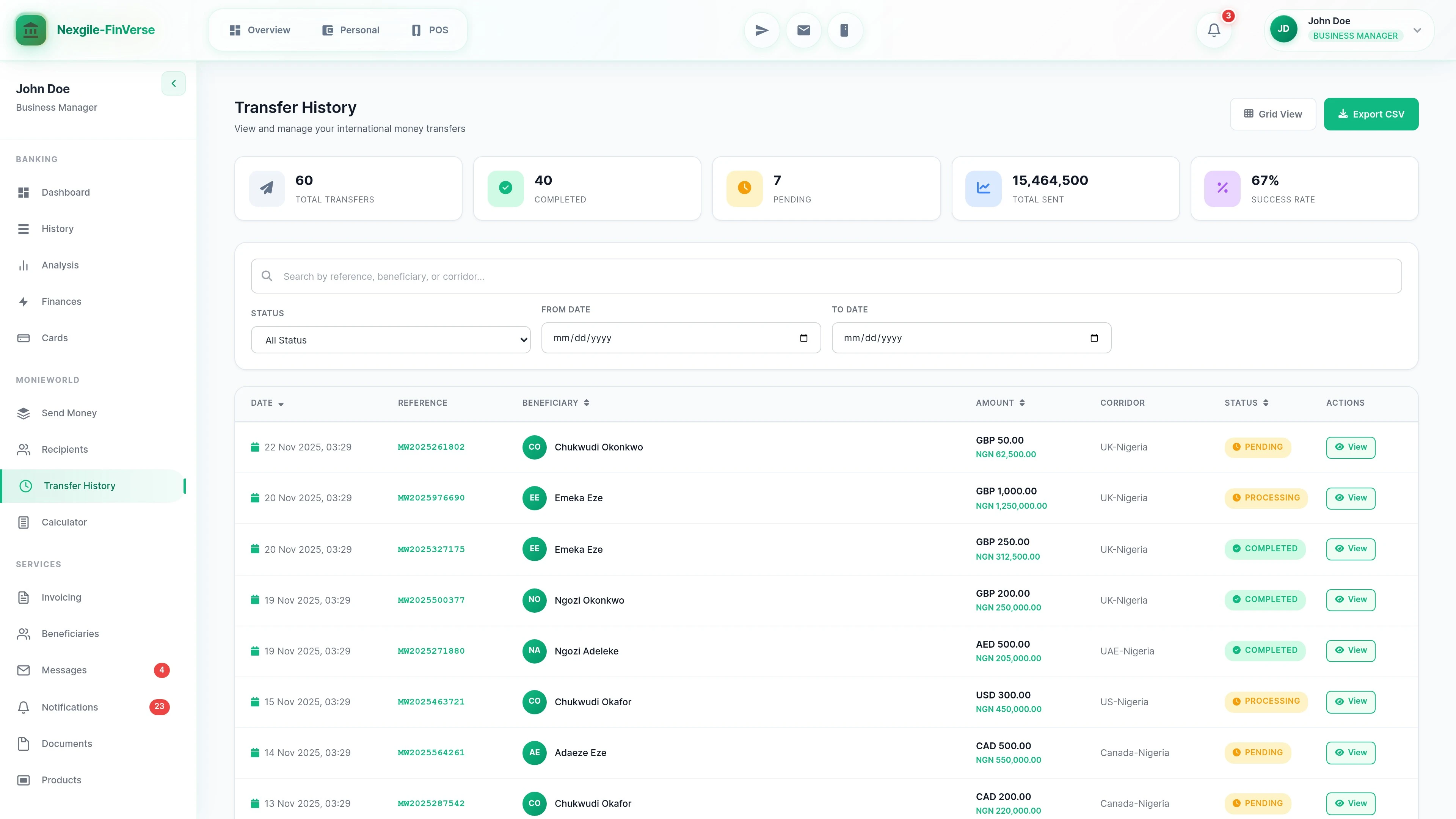 MonieWorld History - View transaction history and payment records