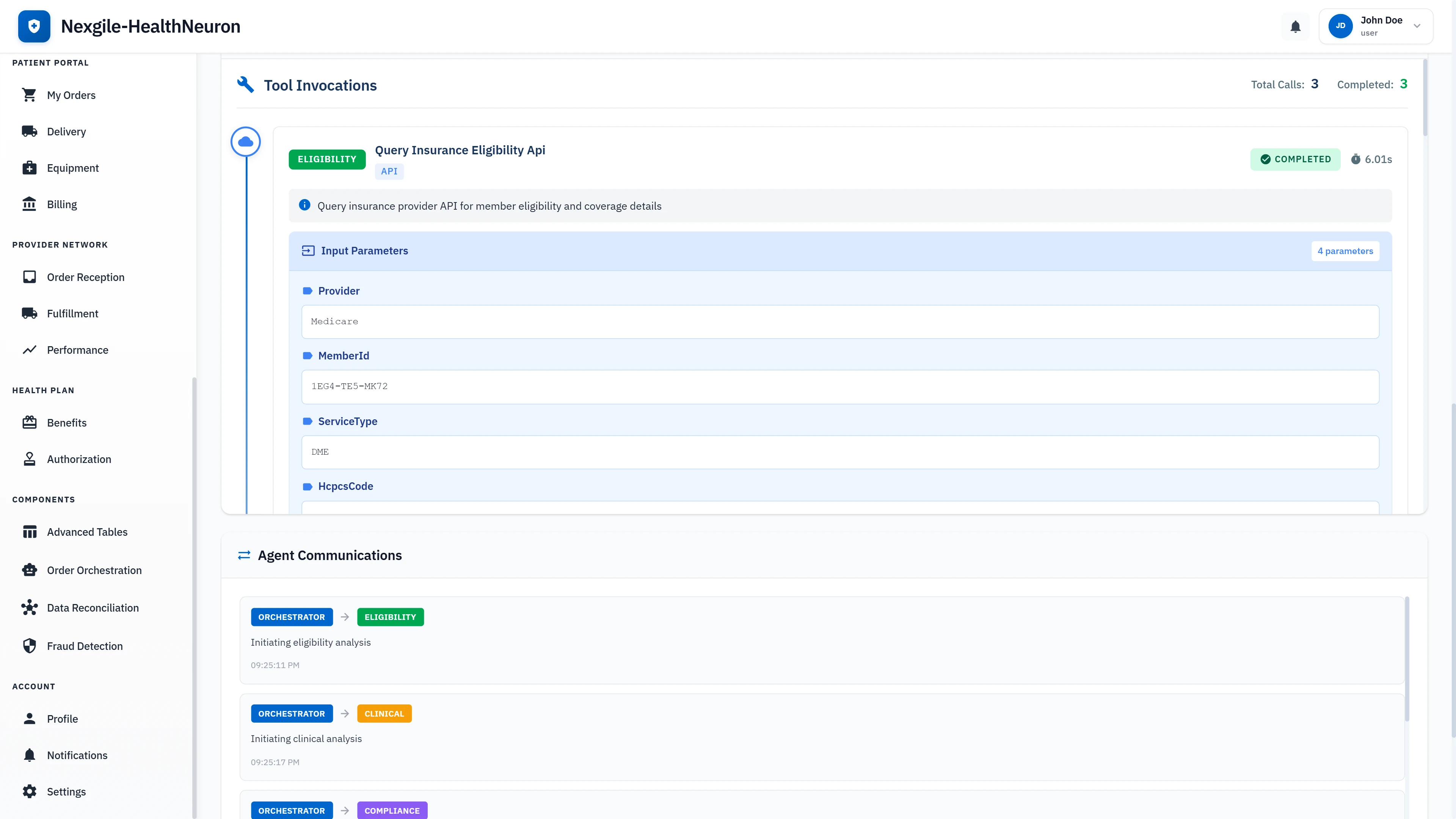 Tool invocations and inter-agent communication view showing eligibility API calls and message exchanges between orchestrator and specialized agents