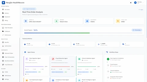 Real-time multi-agent analysis monitoring at 56% completion showing 10 agents processing with detailed technical metrics including token usage, memory consumption, and workflow step progression