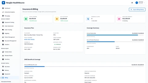 Patient Portal - Insurance & Billing section showing transparent coverage details and billing information