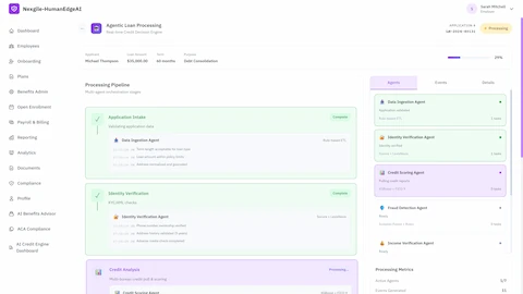 Agentic loan processing pipeline interface showing multi-stage orchestration with application intake and identity verification complete, credit analysis in progress, and real-time agent status panel displaying Data Ingestion, Identity Verification, Credit Scoring, and Fraud Detection agents with processing metrics