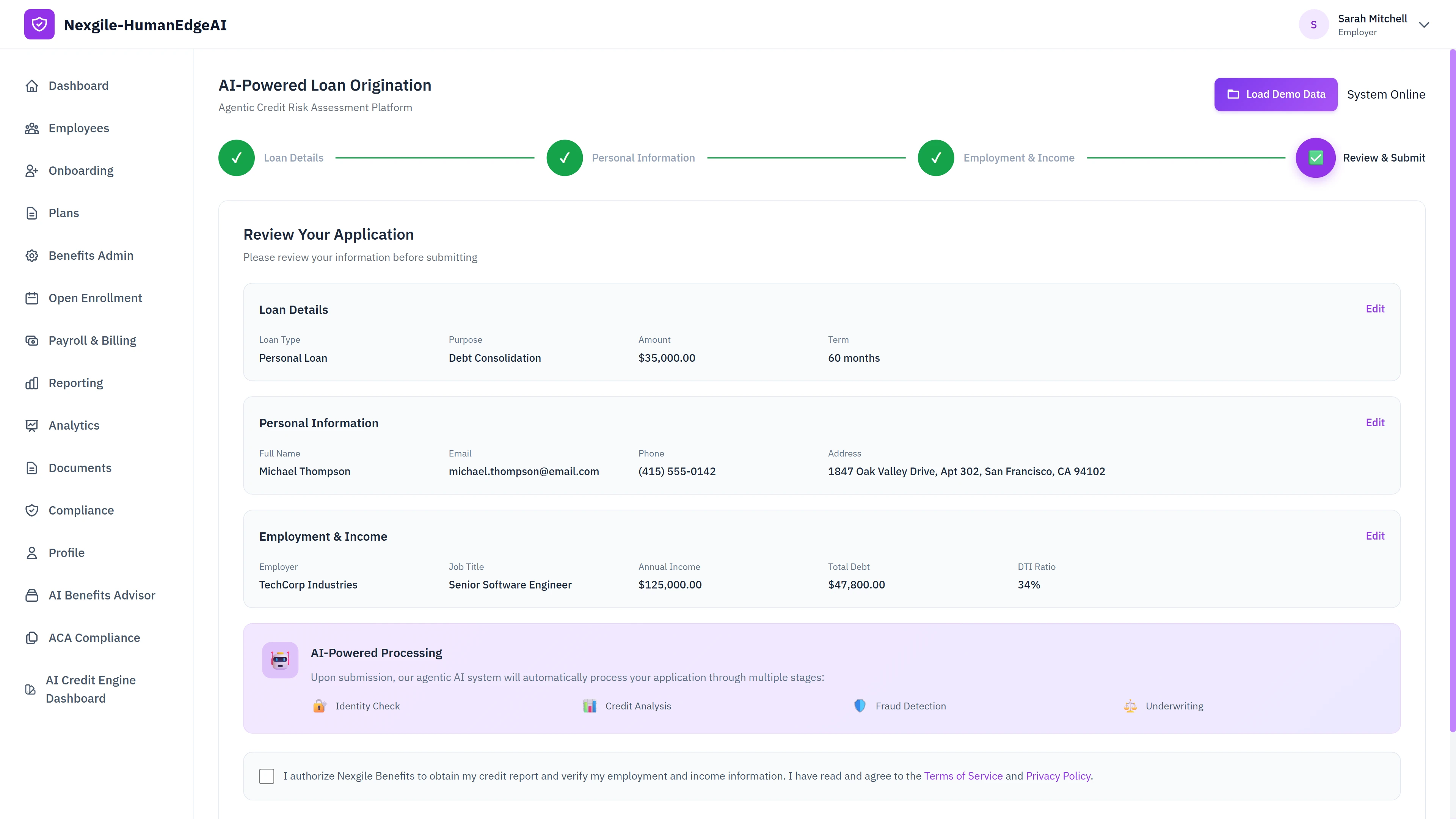 Loan application review interface showing multi-step wizard with loan details, personal information, employment and income verification displaying applicant data including $125,000 annual income and 34% DTI ratio, with AI-powered processing stages indicator and authorization consent
