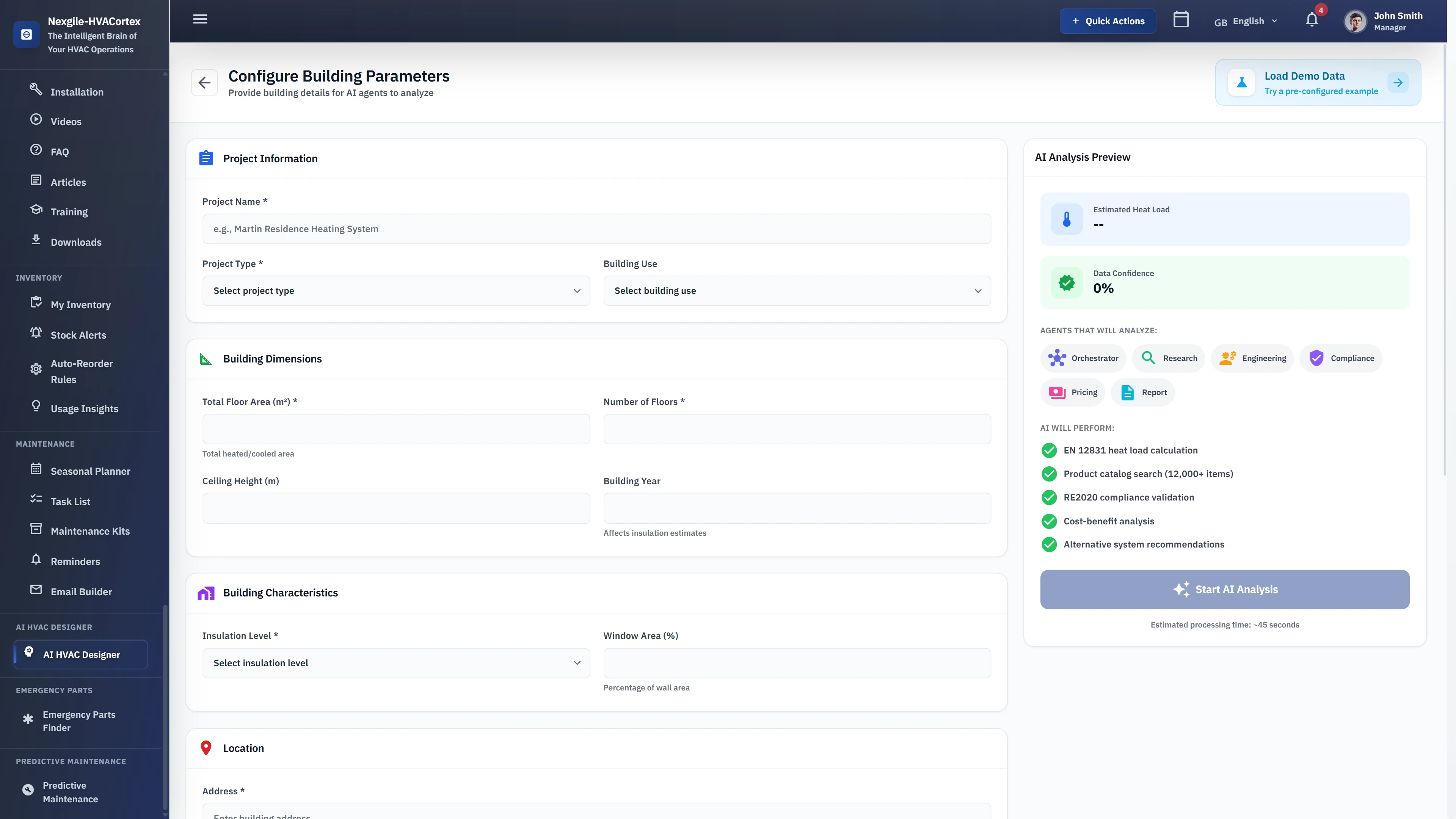 Configure Building Parameters - Multi-step form for entering project info, building dimensions, and location for AI-powered HVAC analysis