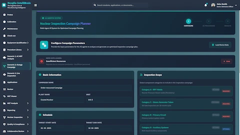 Nuclear Inspection Campaign Planner - Configure campaign parameters including basic information, schedule dates, and inspection scope across RPV welds, steam generators, and primary circuit components