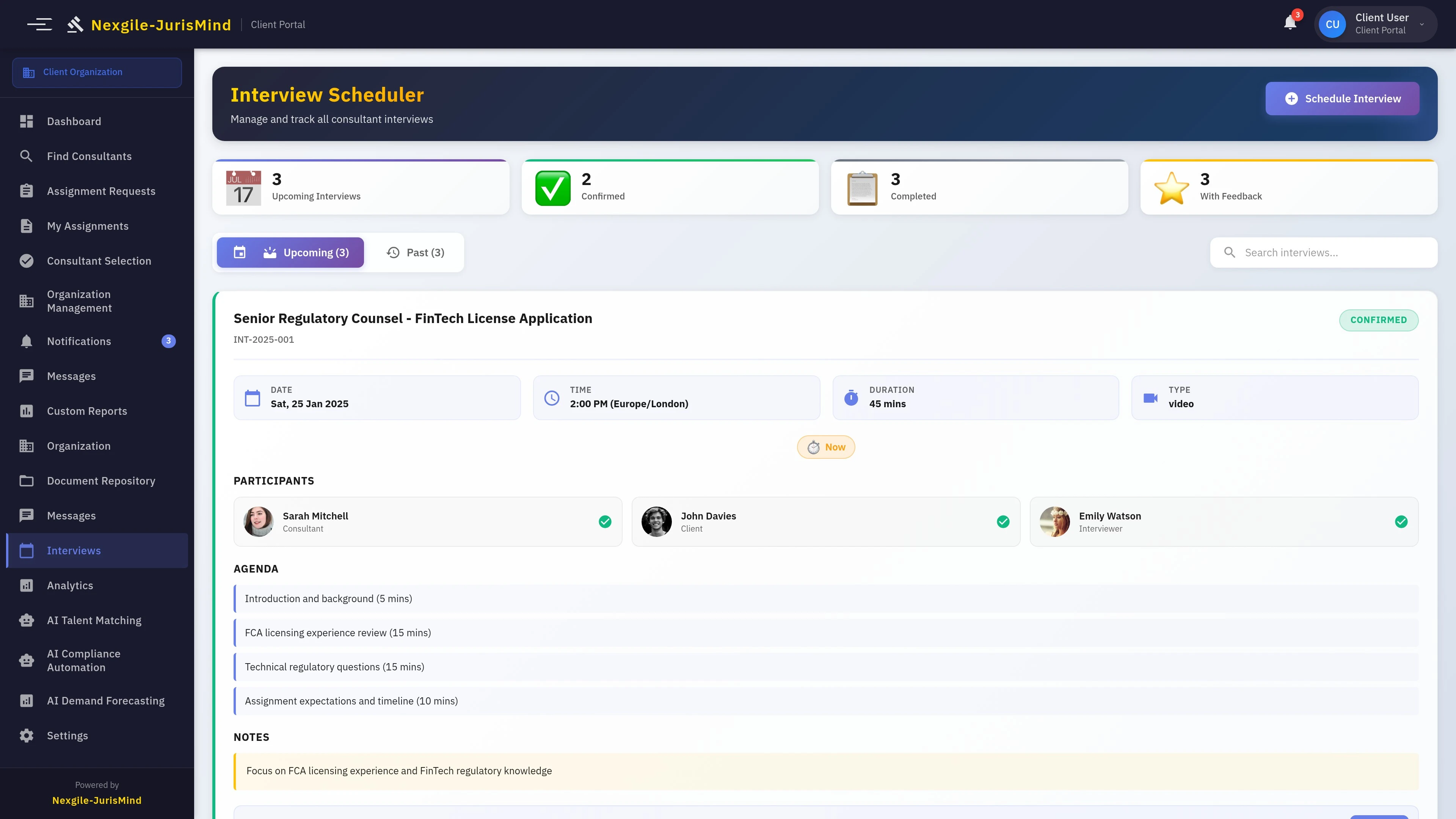 Interviews Page - Schedule and manage consultant interviews