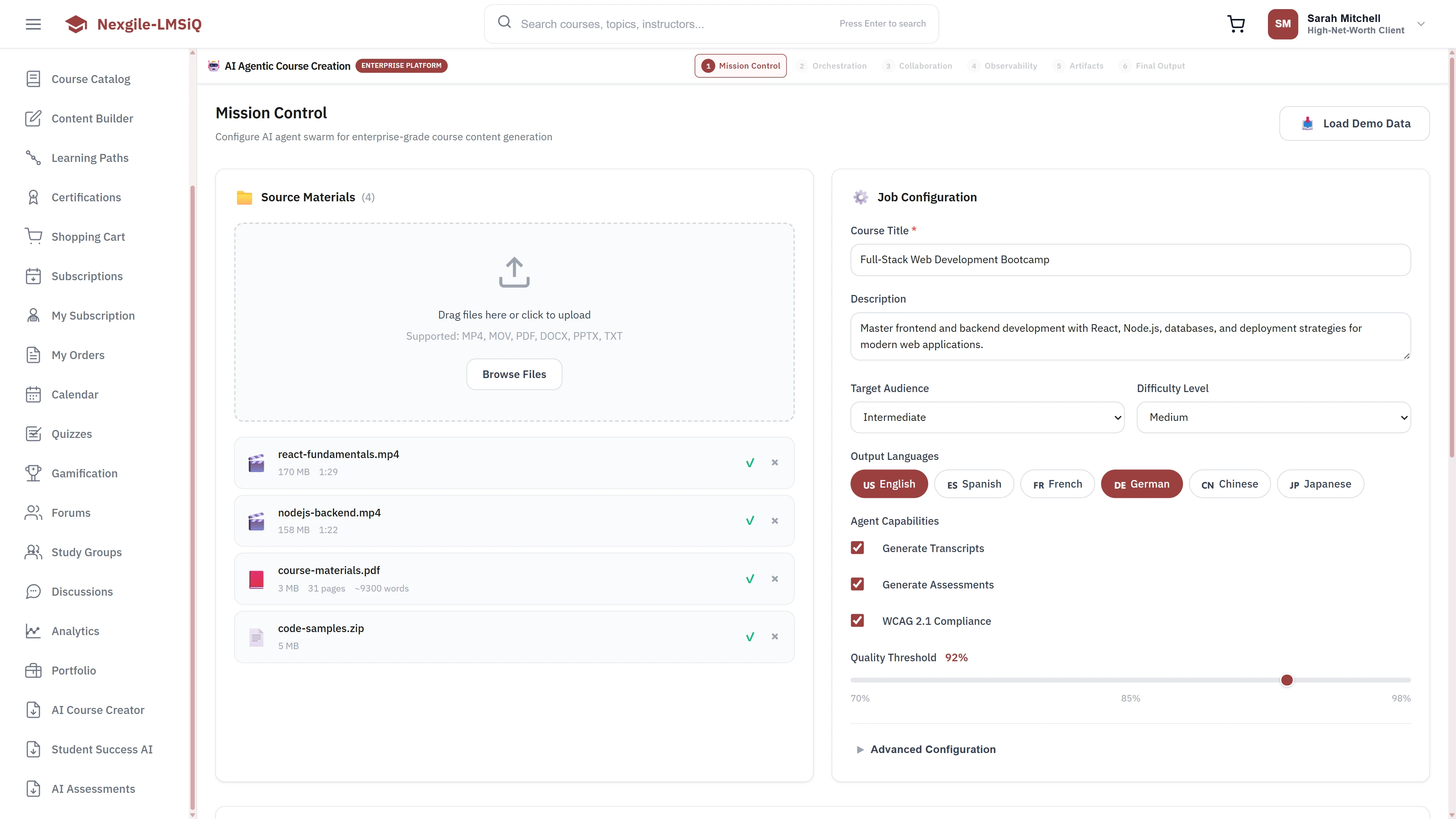 Mission Control - Source materials upload with job configuration including course title, description, target audience, difficulty level, output languages, and agent capabilities