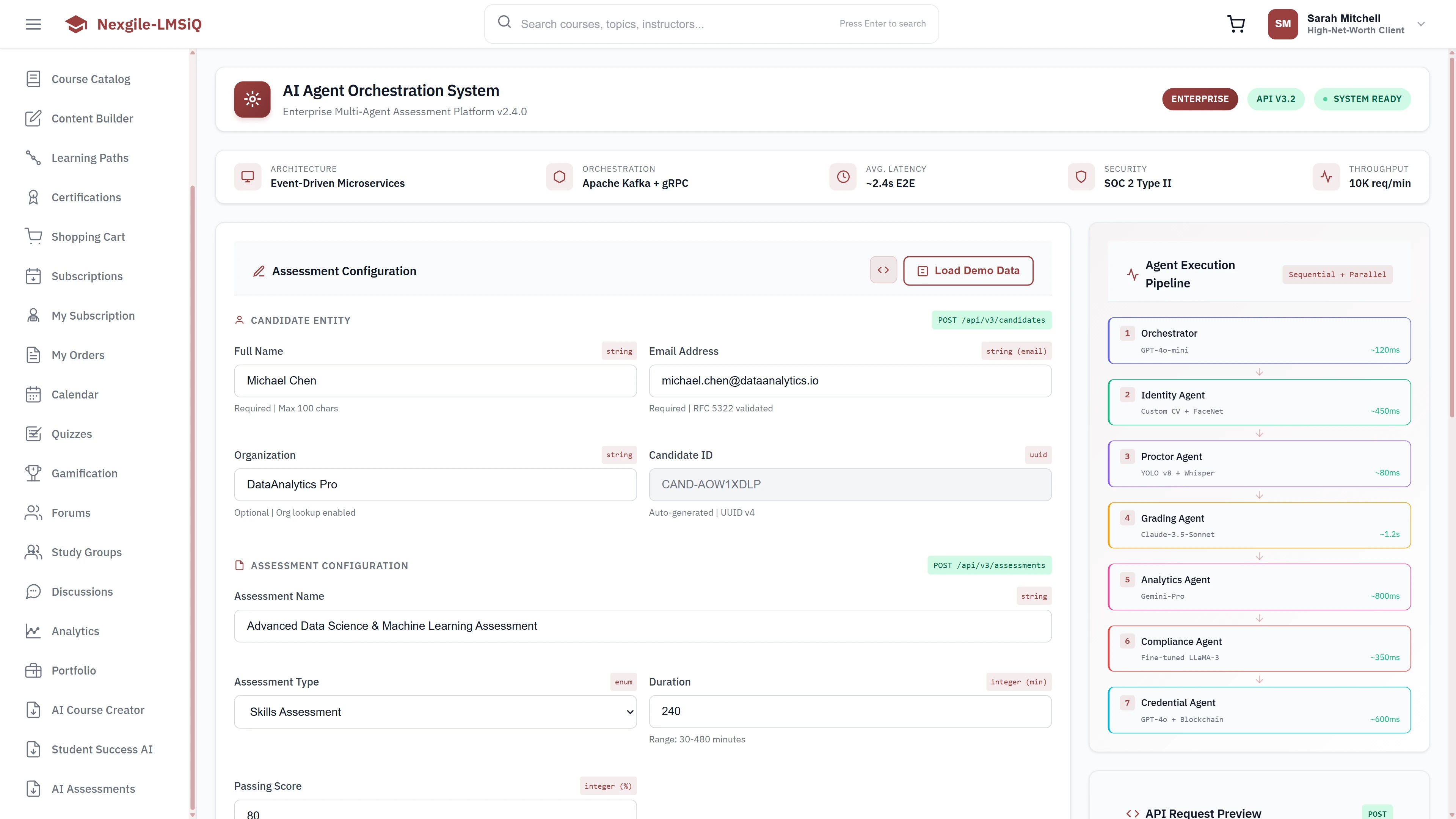 AI Agent Orchestration System - Assessment Configuration with candidate profile, assessment name, assessment type, passing score, and Agent Execution Pipeline preview