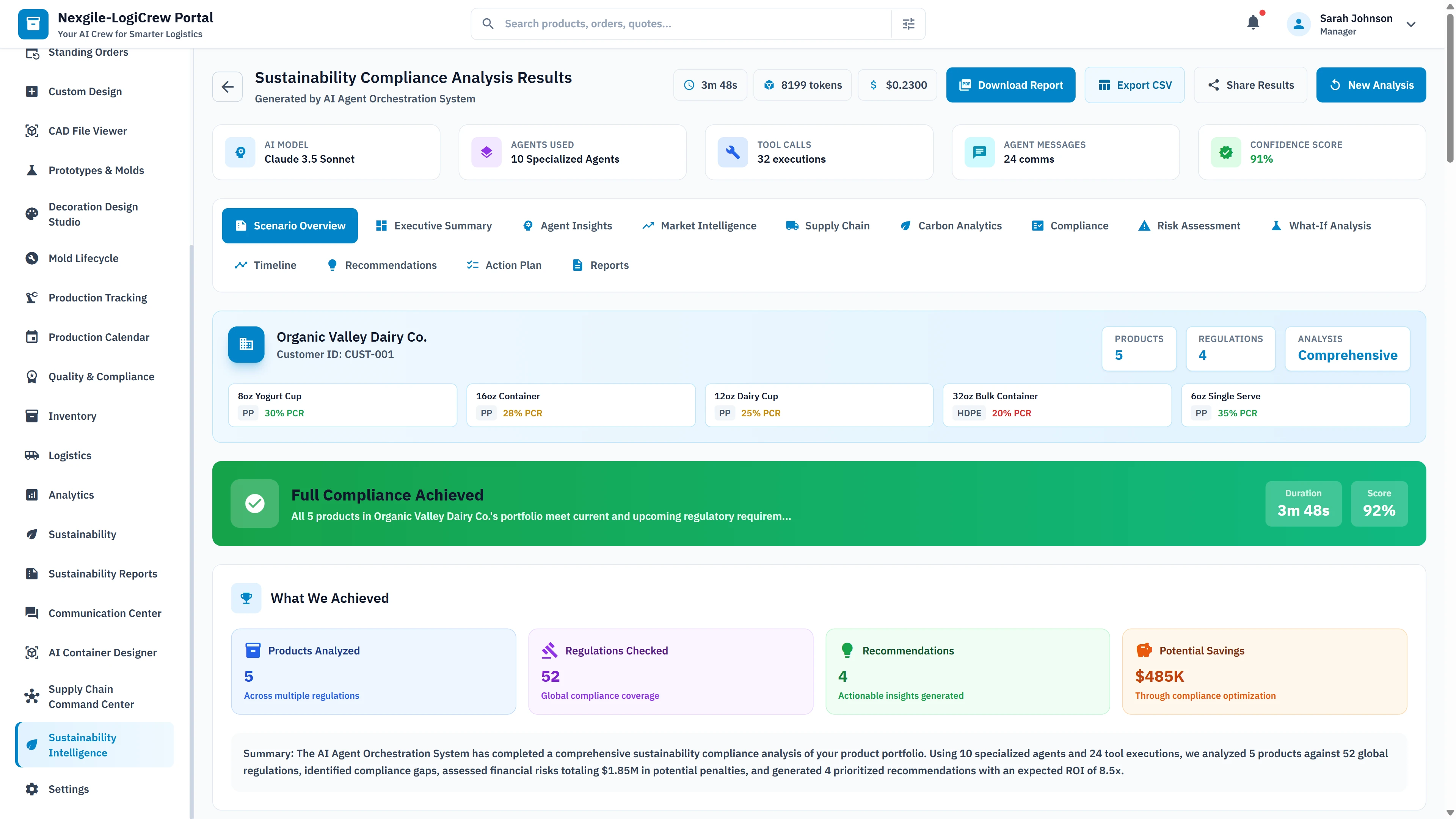 Sustainability Compliance Analysis Results showing full compliance achieved with 92% score, product analysis across multiple regulations, and $485K potential savings