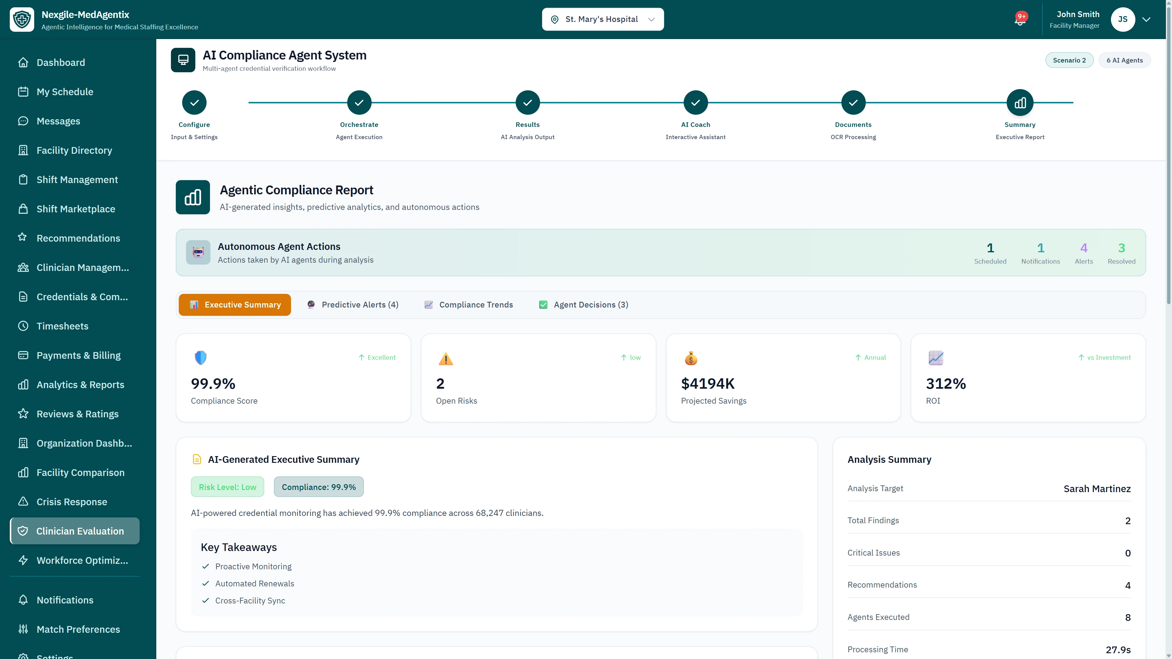 Agentic Compliance Report - Executive summary with 99.9% compliance score, 2 open risks, $4194K projected savings, 312% ROI, and AI-generated key takeaways including proactive monitoring and automated renewals