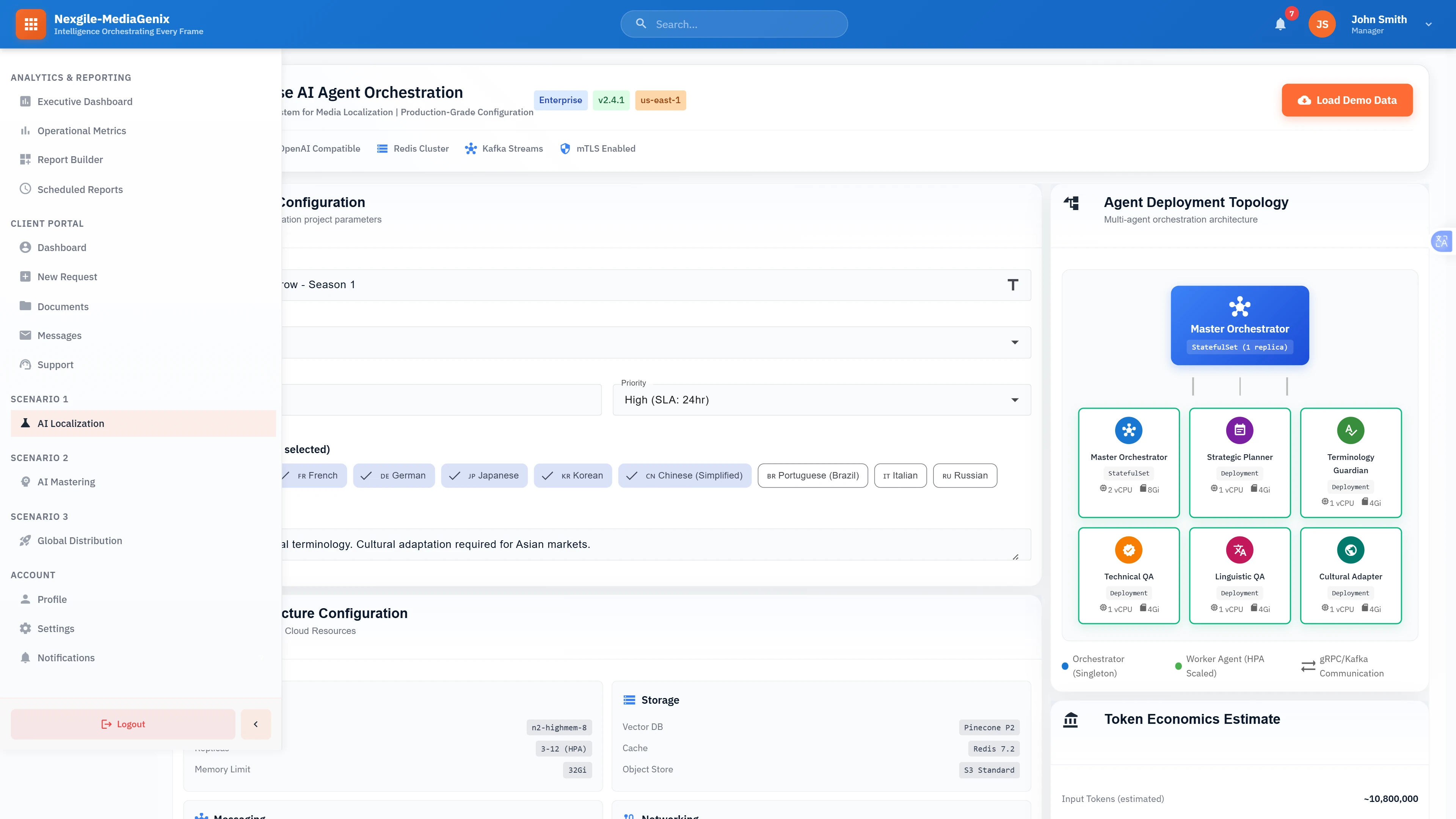 Configuration Interface: AI agent orchestration setup with multi-agent deployment topology, target language selection, and cloud infrastructure configuration for localization workflows