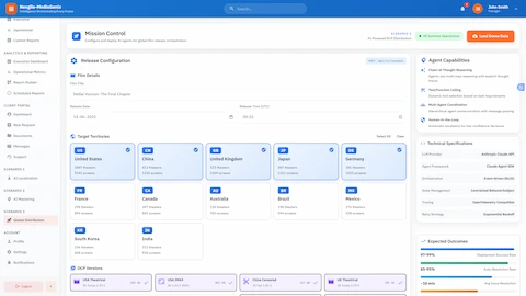 Mission Control Configuration: Global film release setup with target territory selection across multiple regions, DCP version management, agent capability specifications, and expected deployment outcomes
