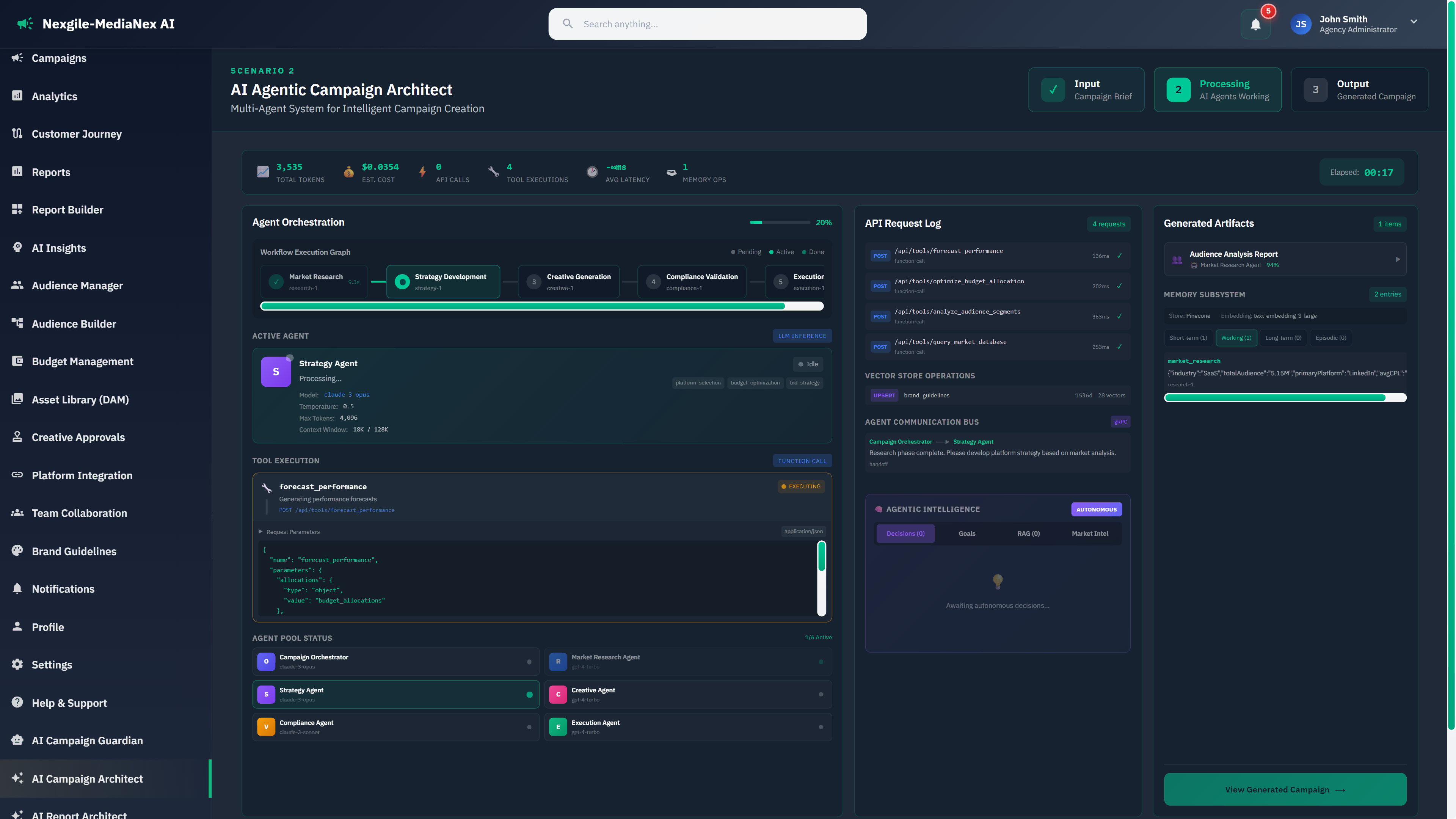 Agent orchestration in action with workflow execution graph and real-time processing status