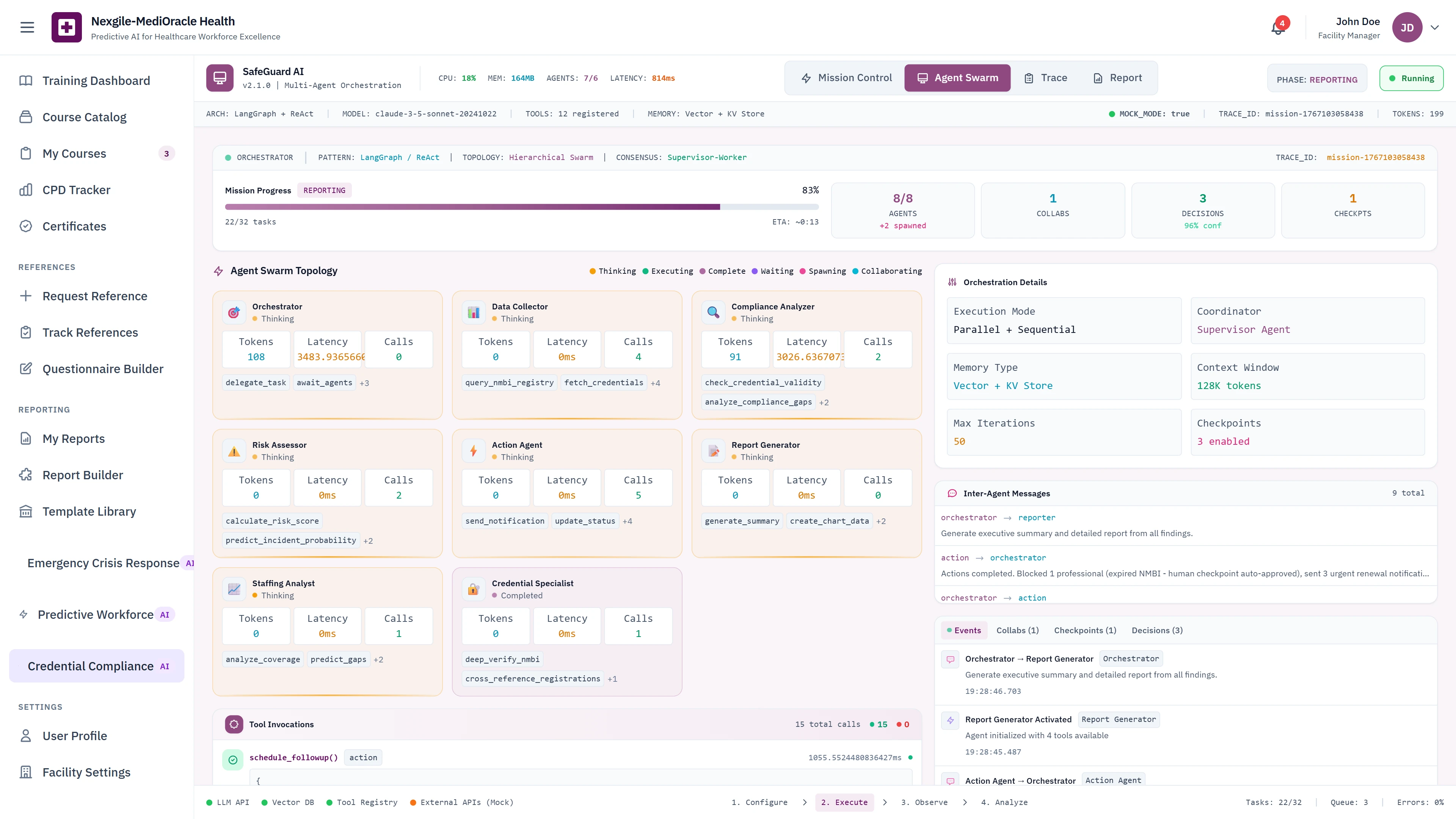 Agent Swarm Topology - Multi-agent orchestration details, parallel and sequential execution modes, memory configuration, and inter-agent messaging stream