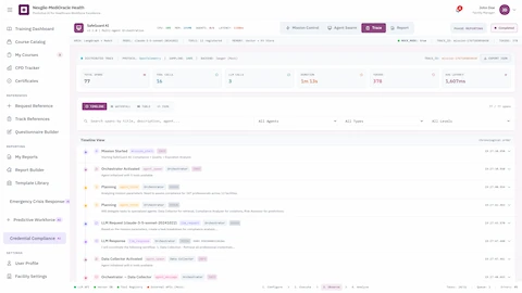 Trace View - Mission timeline with event tracking, LLM requests and responses, orchestrator activation, and data collector operations