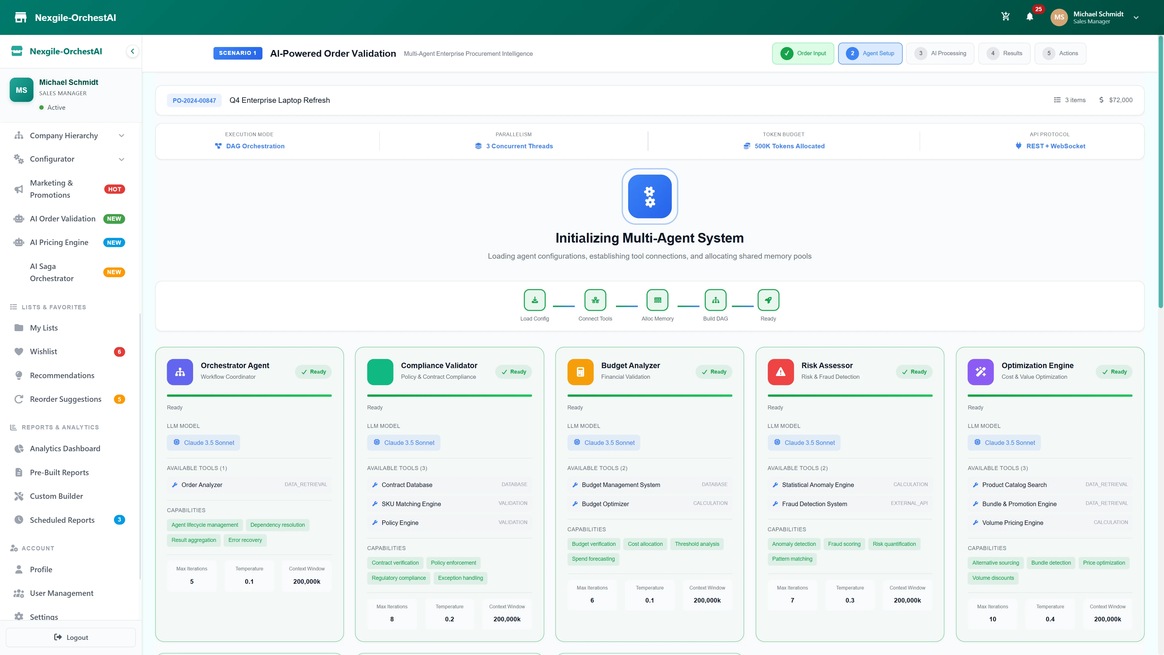 Multi-Agent System Initialization - Five specialized AI agents loading with capabilities, tool connections, and shared memory allocation