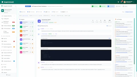 Real-Time AI Processing - Live agent reasoning traces with tool executions and streaming validation findings across compliance, budget, and risk dimensions